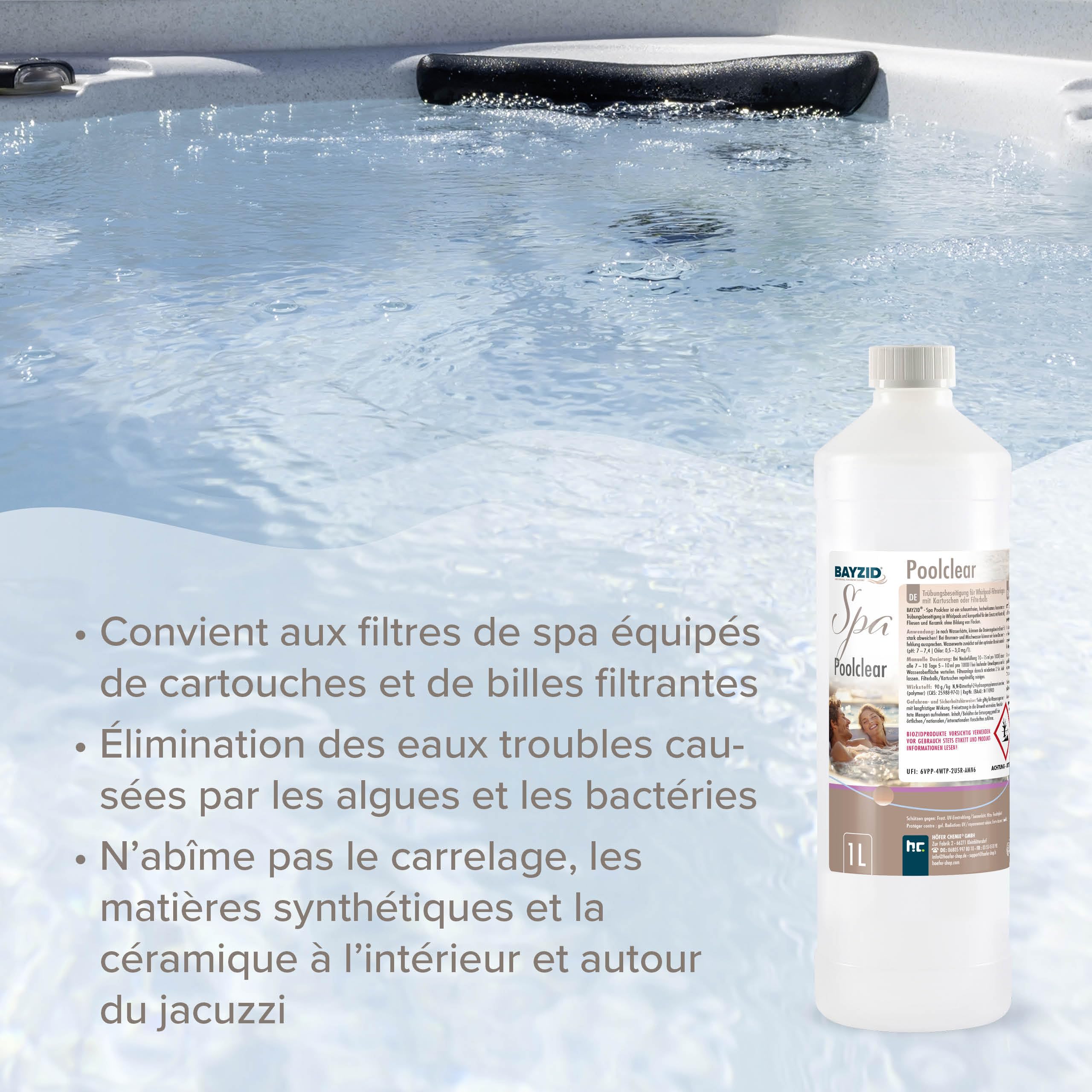 Bayzid SPA 6 x 1 L Clarifiant - Eau Claire et Brillante - Action Rapide | Clarifiant Anti-Turbidité pour Spa et Petite Piscine - Compatible Filtres Cartouche et Boules Filtrantes - Dosage Économique