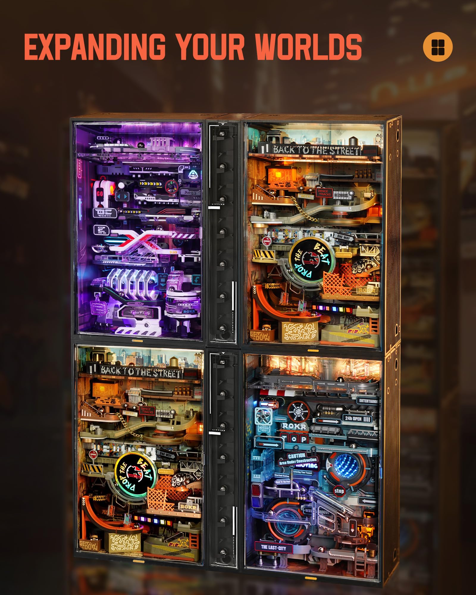 ROKR Zestawy modeli torów kulkowych Hip-hop Street Gaming Decor Dekoracja biurka, Aktywacja dźwiękiem, Synchronizacja muzyki, Równoległy świat MR03S