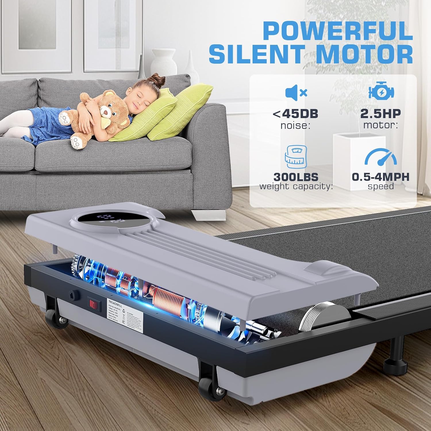 FUNMILY Walking Pad 3 in 1 Under Desk Treadmill, 2.5 HP Quiet Portable Walking Treadmill 300lbs Weight Capacity, Walking Jogging Machine Remote Control LED Display Small Treadmills for Home Office