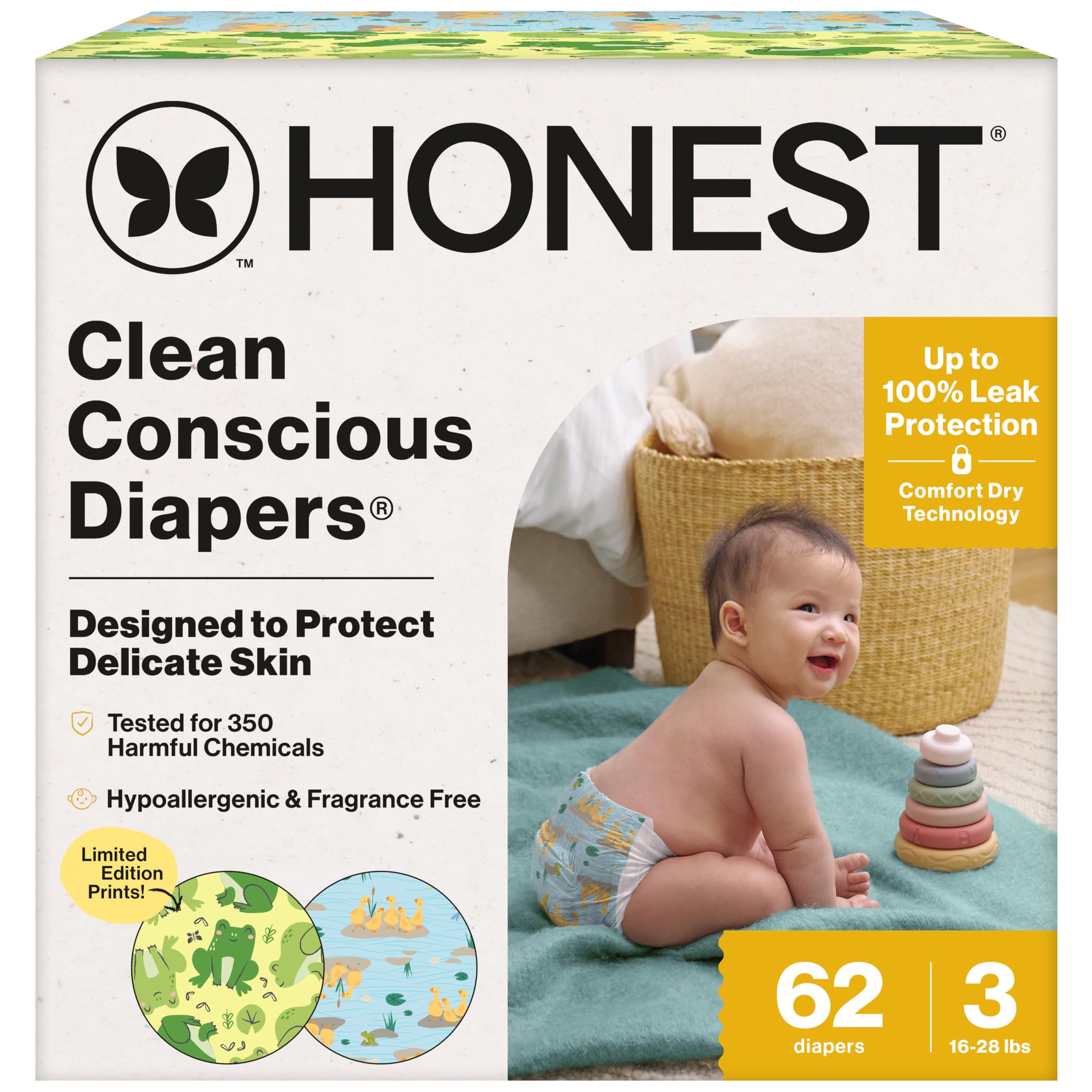 The Honest Company Clean Conscious Diapers®, Up to 100% Leak Protection, Designed to Protect Delicate Skin, Hypoallergenic + Fragrance-Free, UR