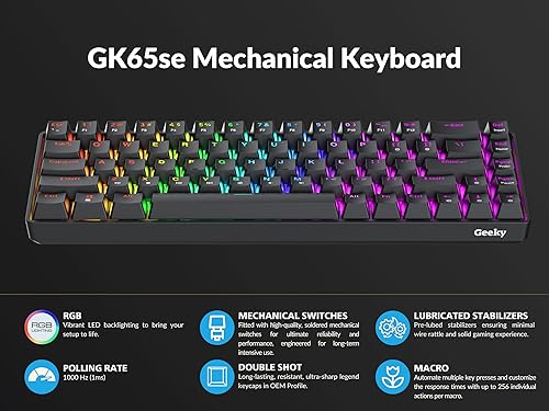 Miniatura 4 de Geeky GK65 SE 65% Teclado mecánico para juegos 68 teclas multicolor RGB LED retroiluminado para jugadores de PCMac Diseño americano ANSI US