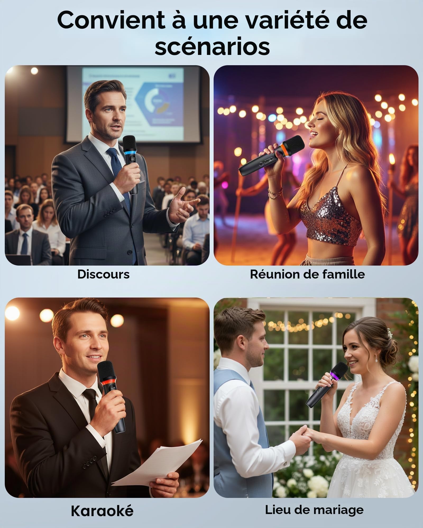 Microphone sans fil, système à double microphone avec fonction de, mise en sourdine par simple pression, éclairage RVB dynamique. 40h d'autonomie, portée de 200FT. pour les DJ, les mariages le chant .