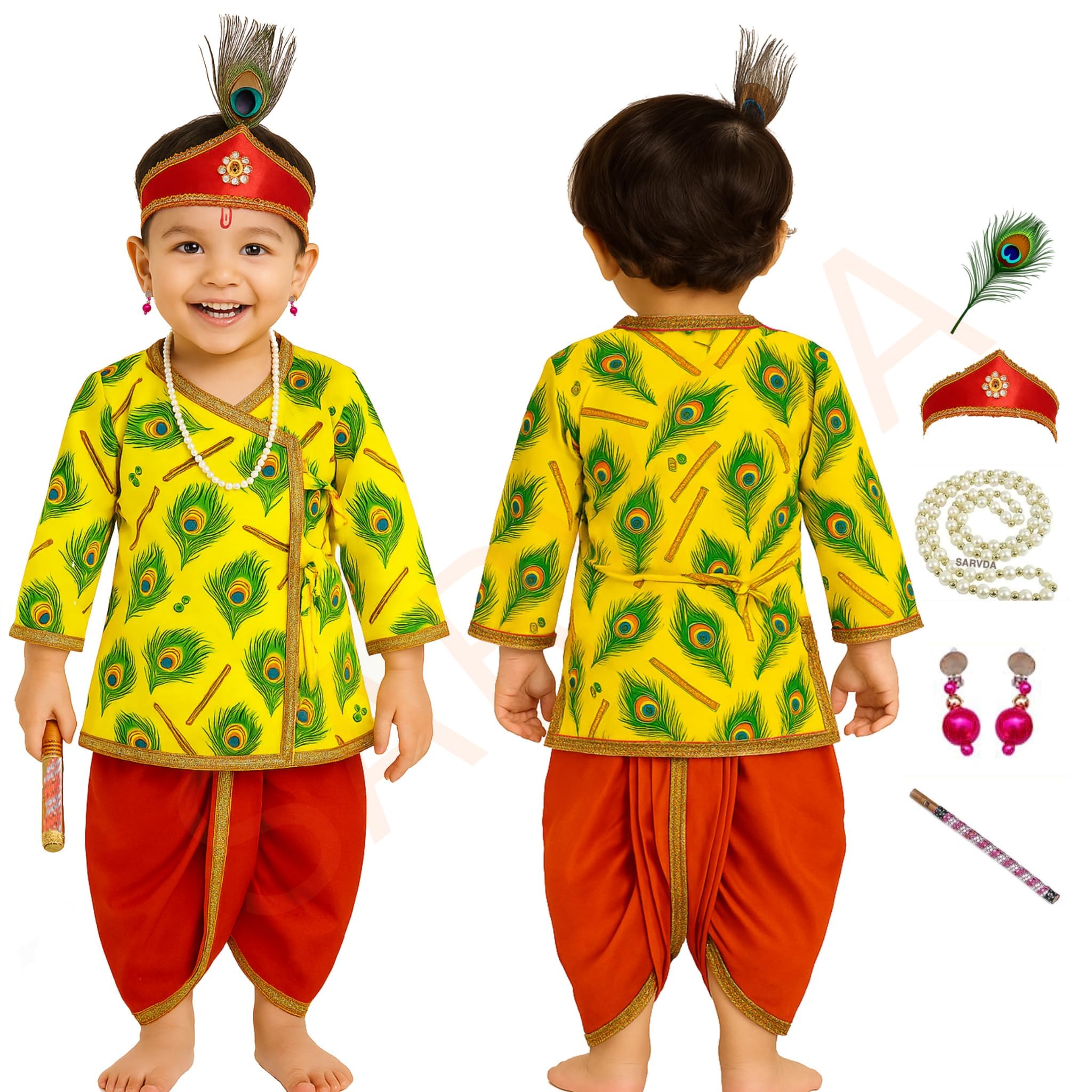 Sarvda Krishna Dress for Kids | Baby Krishna Costume Set for Boys & Girls | Janmashtami Fancy Dress with Mor Pankh, Bansuri, Dhoti, Mukut & Accessories