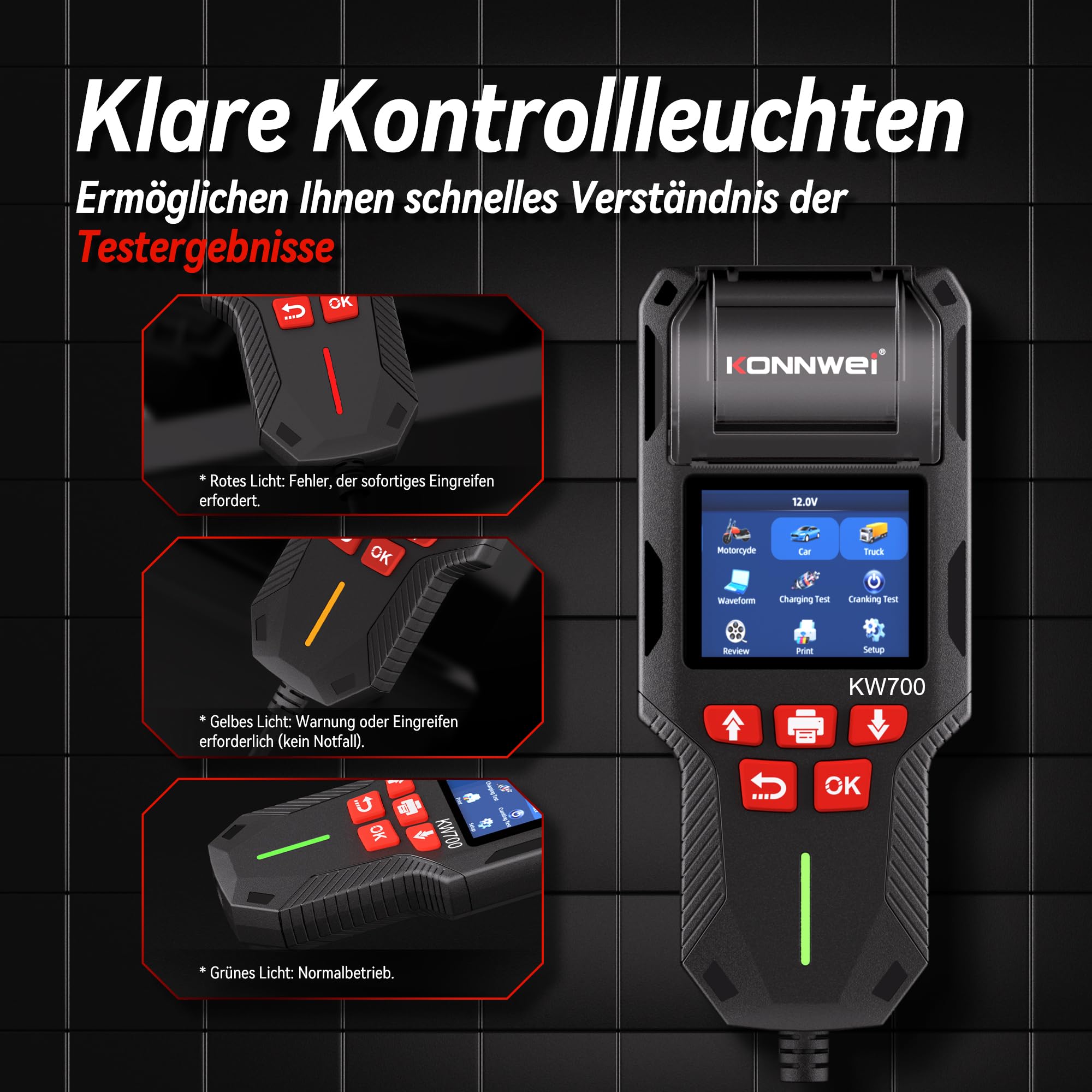 KONNWEI KW700 Batterietester mit Drucker 12V 24V Mit Druckerpapier | Batterie Tester Batterie Lasttester mit 10-2000 CCA, Anlassprüfung Ladetest Lichtmaschine Tester für KFZ LKW Motorrad