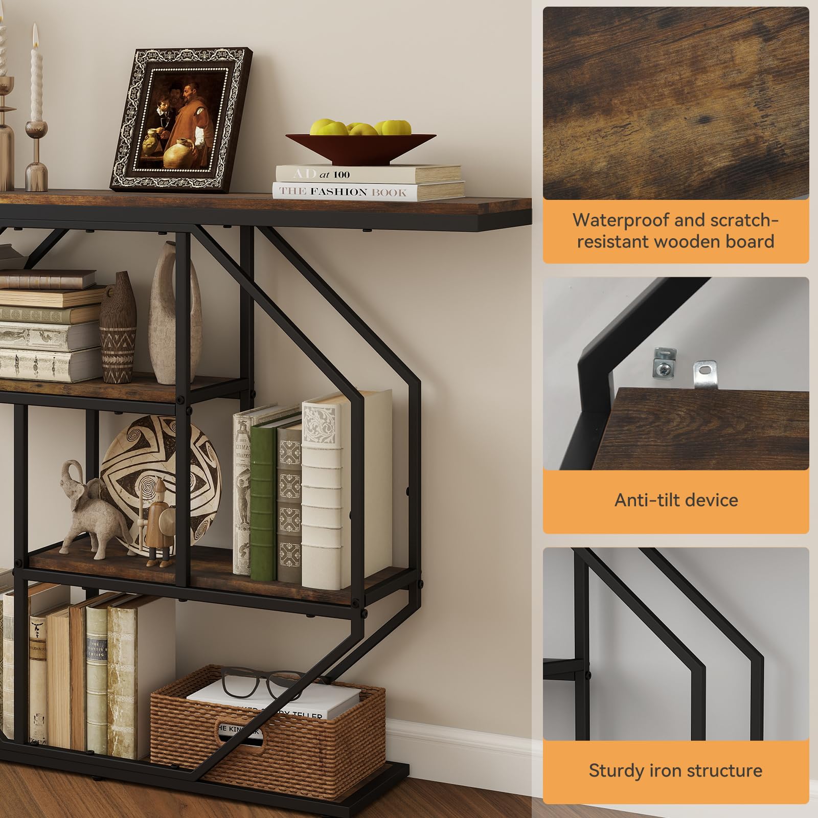 YU YUSING Consola Entrada Estilo Industrial, Mueble Recibidor Estrecho | 105 x 30 x 85 cm, con 4 niveles, Mesa Auxiliar Sofa con Patas Ajustables, Estructura Metálica Octogonal Estable, Marrón