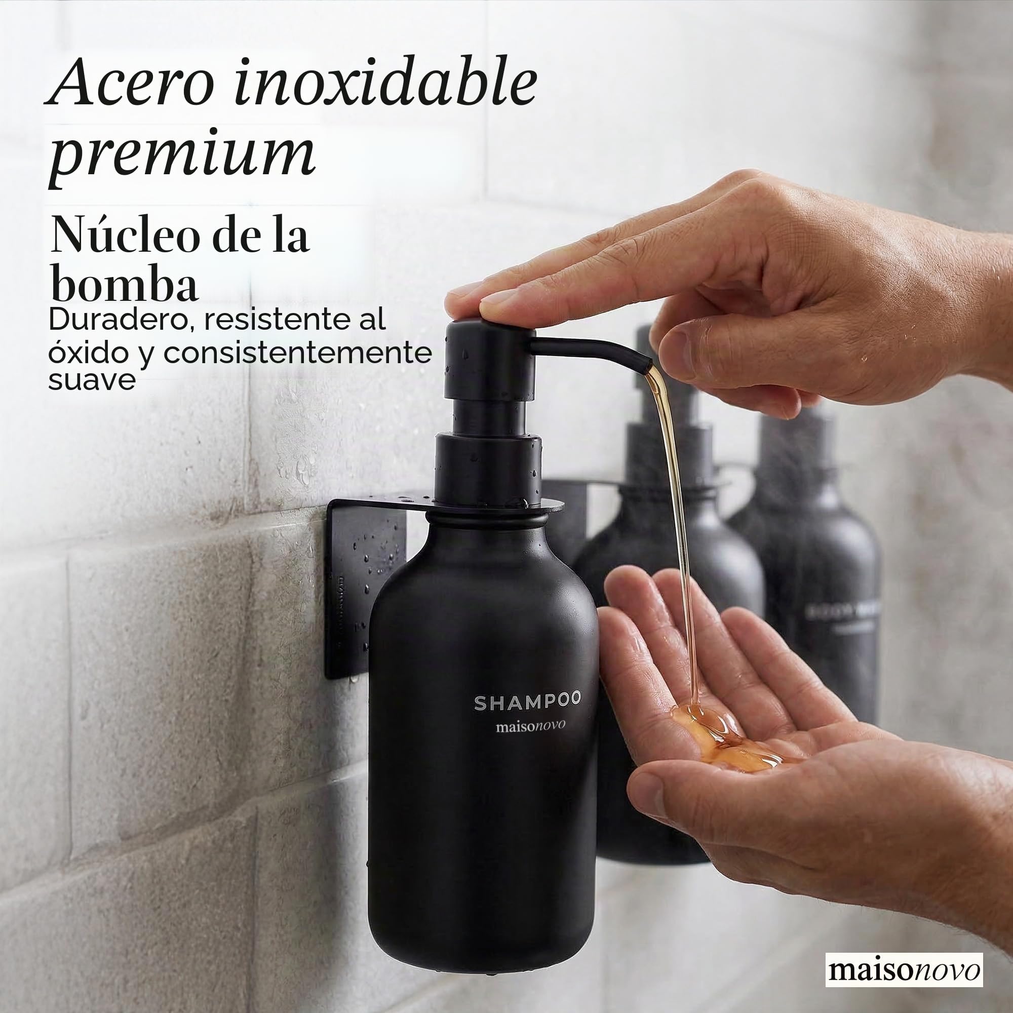 MaisoNovo Dispensador de champú y acondicionador - Dispensador de jabón para Ducha montado en la Pared, Juego de 3 Botellas de plástico Negras con Bombas de plástico Negras