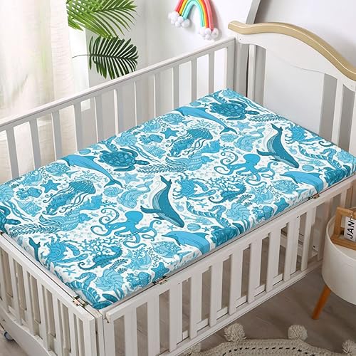 Miniatura 2 de Sábana bajera ajustable para cuna con temática de ballenas, sábana bajera estándar para cuna, material ultra suave, sábana de colchón para cuna o
