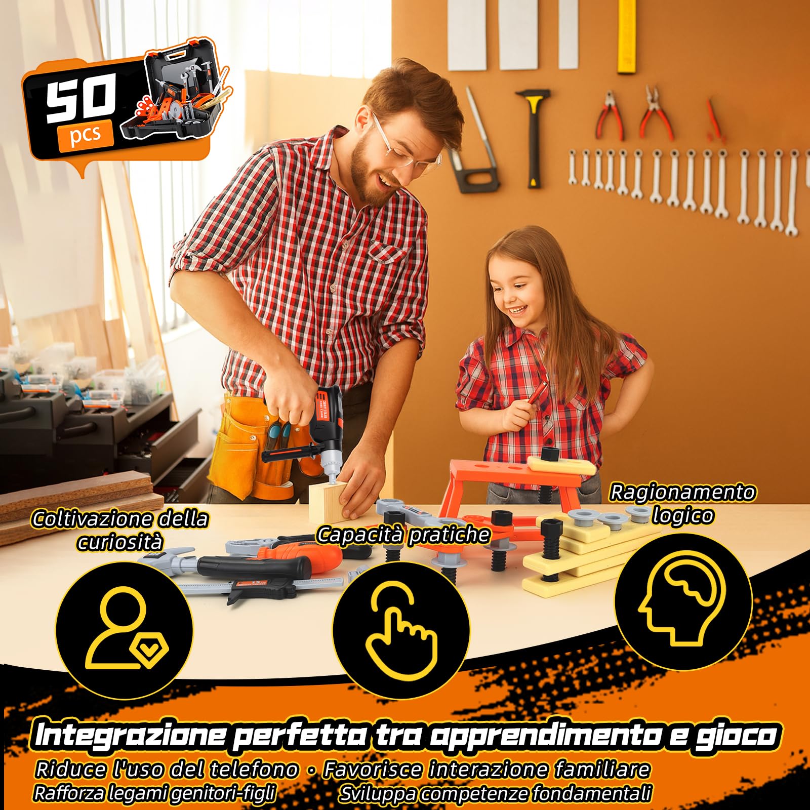 Charmofun 50 Pezzi Cassetta Attrezzi Bambini, Valigetta Attrezzi Giocattolo Con Trapano Elettrico, Giocattoli Costruzioni Educativi Giochi Per Bambini Dai 3 4 5 6 7 8 Anni