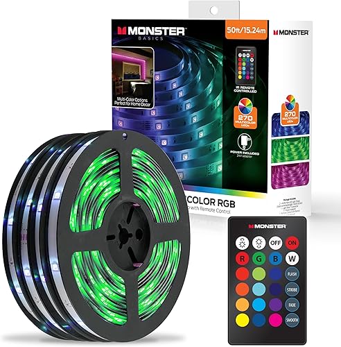 Monster Tira de luz LED RGB de 50 pies con control remoto, 270 LED RGB, respaldo adhesivo, recubierto para protección contra la humedad, regulable,