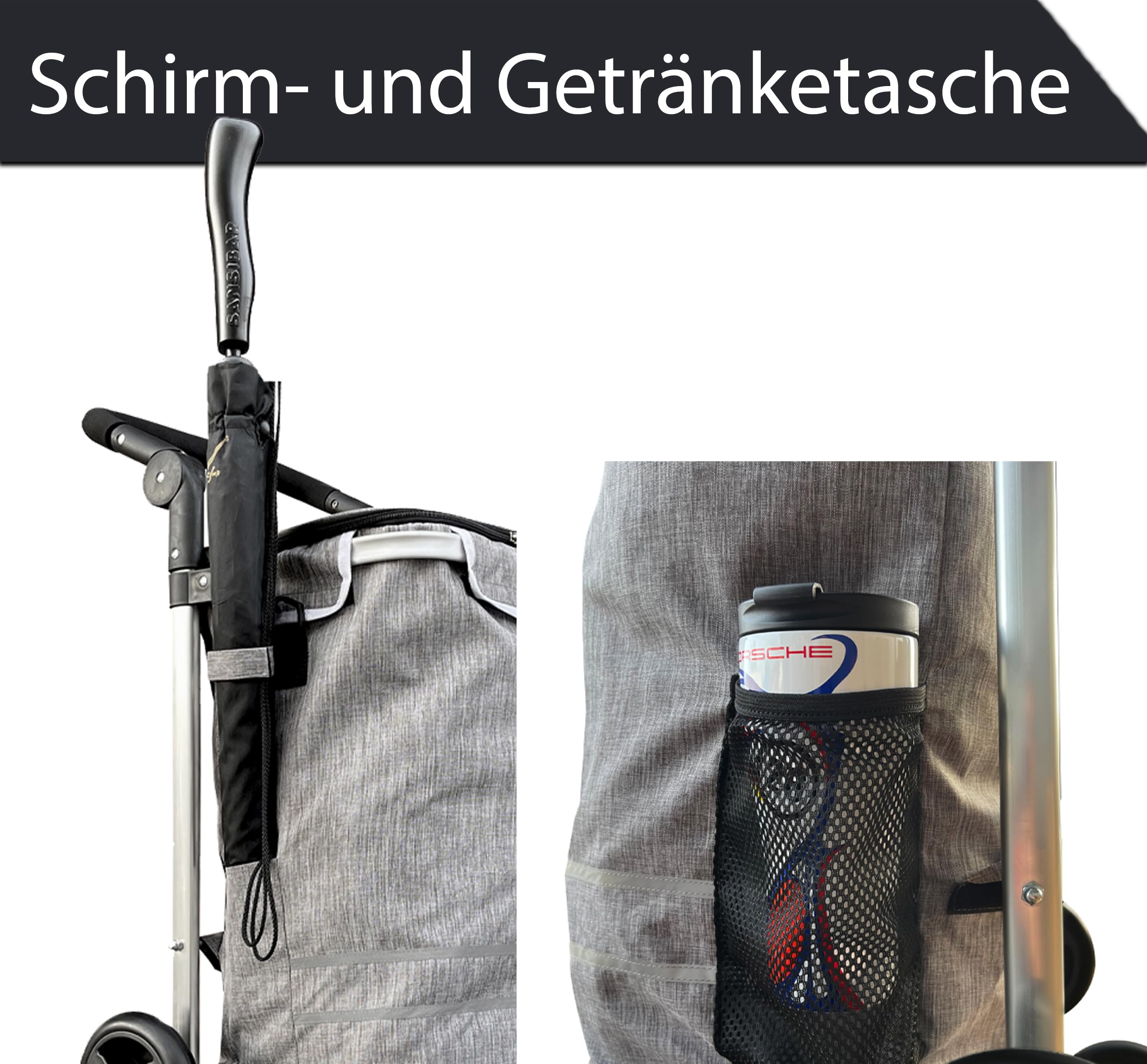 Faltbarer Aluminium Einkaufstrolley 57L (48L + 9L Kühlfach) Grau, 50kg Traglast, 35x45x98cm, Eva Leichtlaufräder Ø20,5cm, Klappbar, Als Sackkarre & Umhängetasche nutzbar, Einkaufswagen Haken