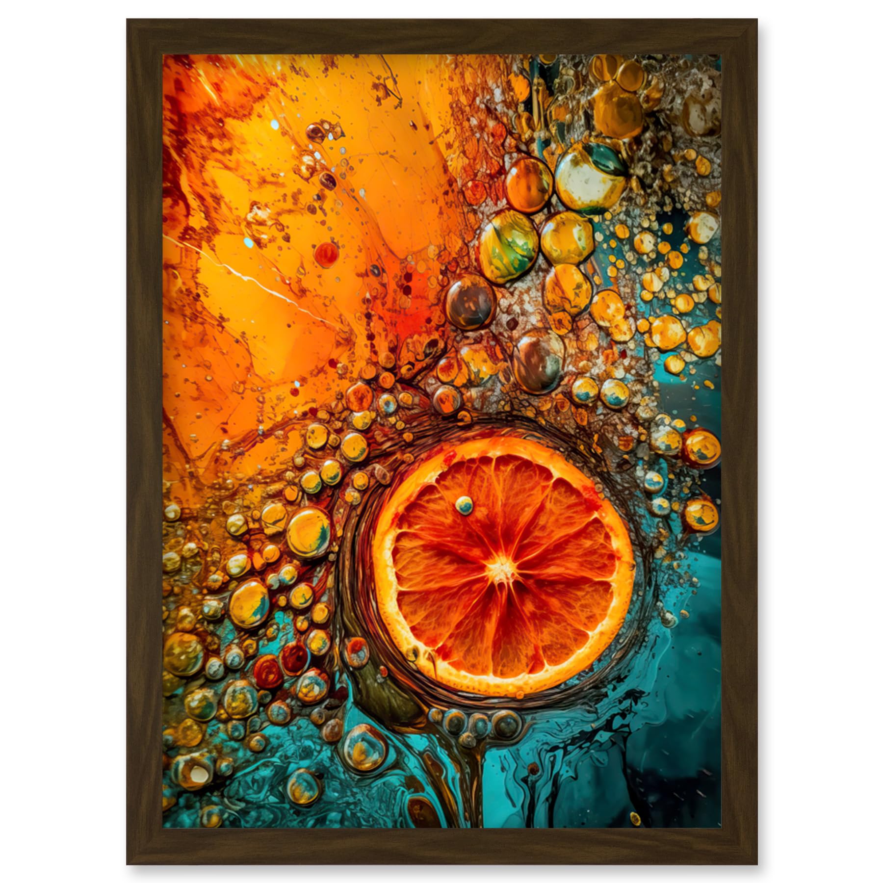 Artery8 Abstract Liquid Paint Dried Orange Fruit Slice Artwork Framed Wall Art Print A4