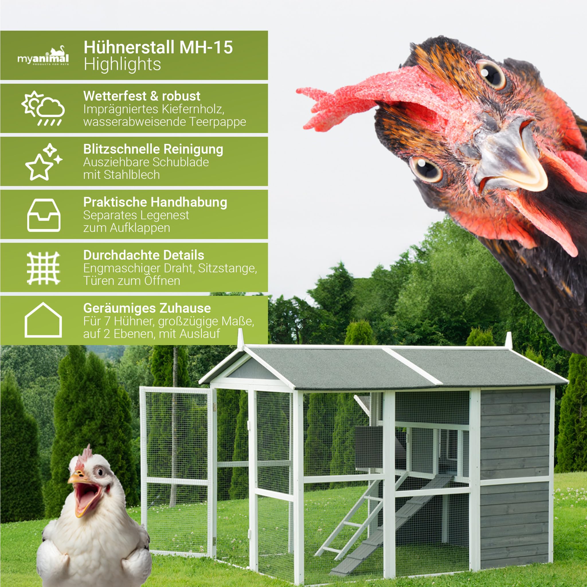 Miweba MyAnimal Hühnerstall MH-15 XXL | 186x146x147 cm - Für 7 Hühner - Nistkasten mit Freilaufgehege - Sitzstange - Winterfest - 2 Ebenen - Hühnerhaus mit Eiablage - Kiefernholz - Voliere (Grau/Weiß)