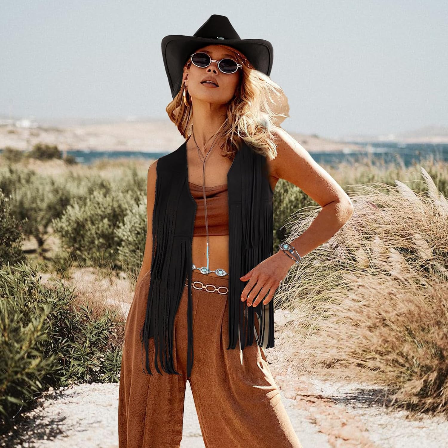 Western Outfits for Women Cowgirl Outfits Cowgirl Vest Boho Cowboy Hat Fringe Vest for Halloween Cosplay - Image 6