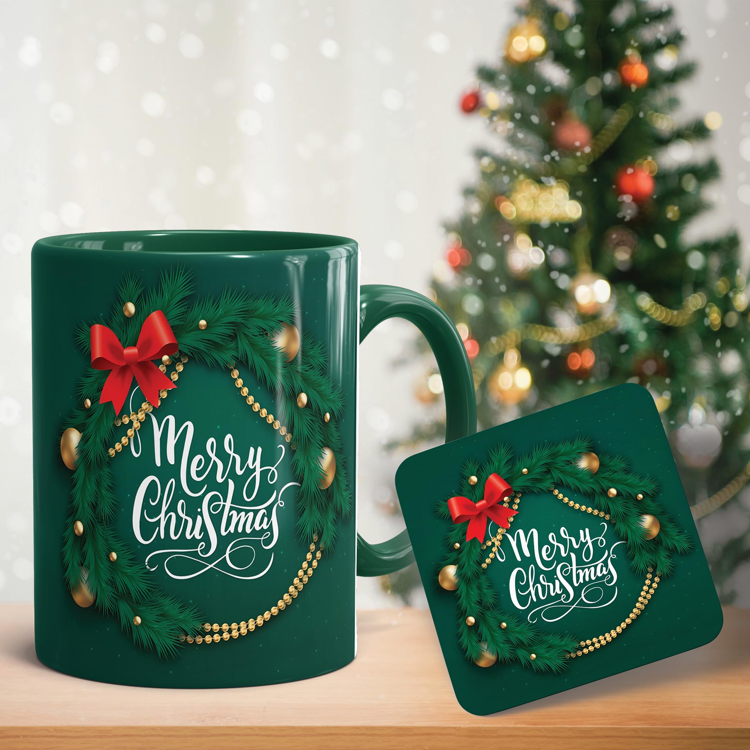 Merry Christmas Green Ceramic Coffee Mug with Coaster |Gift for Girls, Men, Boys, Family, Wife, Friends, Husband, Office Colleague | Best Gift - D1,325ml