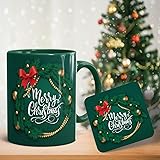 Gift Arcadia Merry Christmas Green Printed Ceramic Coffee Cup & Mug With Coaster | Gift For Christmas | Best Gift - D1, 325 Milliliters, 325 ml