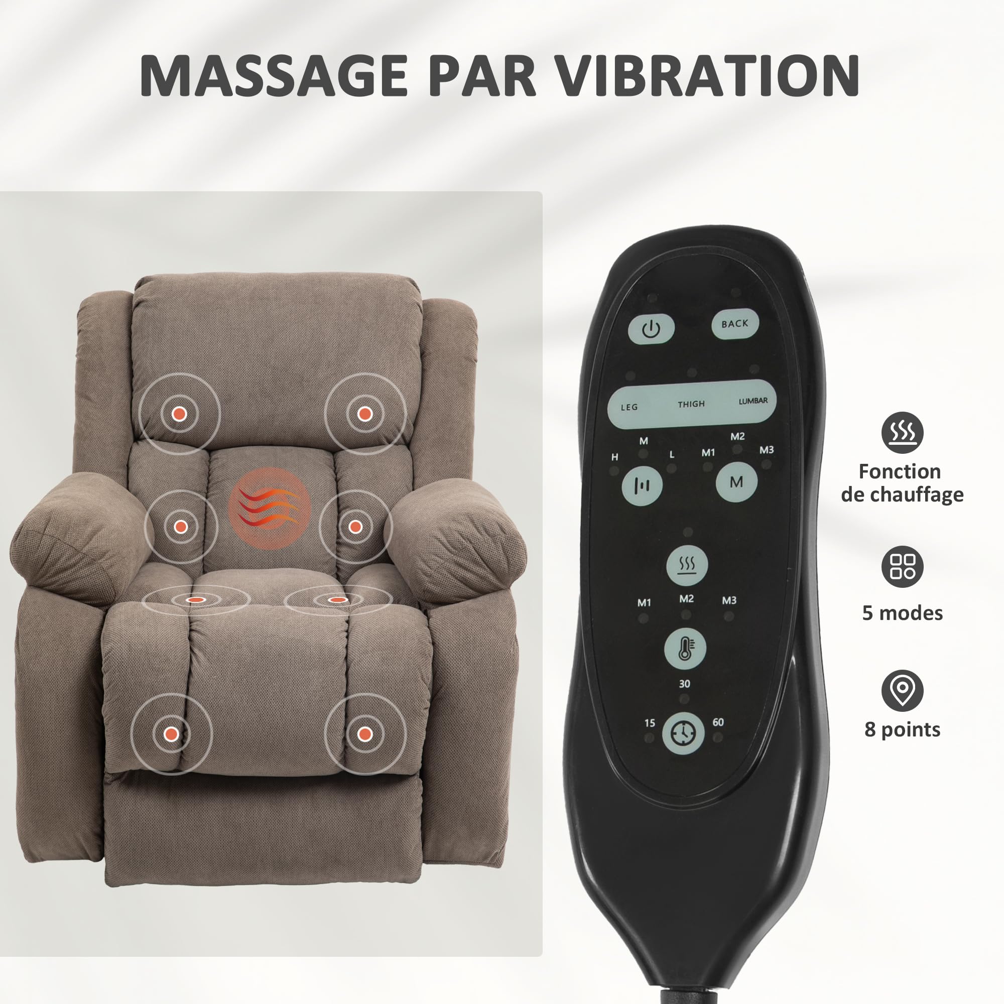 HOMCOM Fauteuil releveur électrique Chauffage et Massage par Vibration Fauteuil Relax électrique en Velours Dossier inclinable Assise Large Ports USB télécommande Repose-Pied Poche latérale Marron