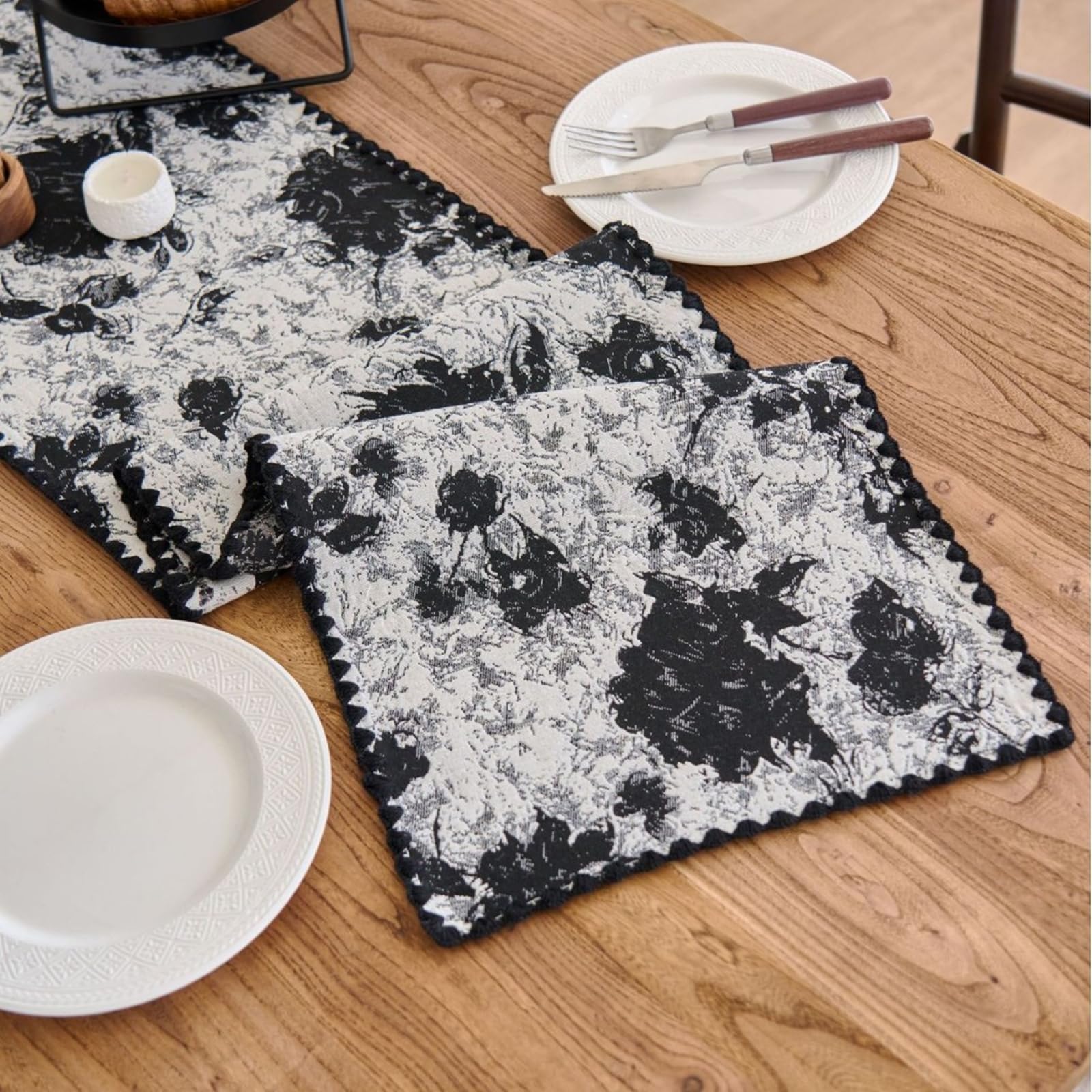 Runner da Tavolo Poliestere Cotone 30x220 cm, Runner da Tavola Moderno Lavabile Motivo Fiori Astratto Jacquard Esterno Interni Decorazioni per Tavolino da Compleanni Matrimoni, Nero