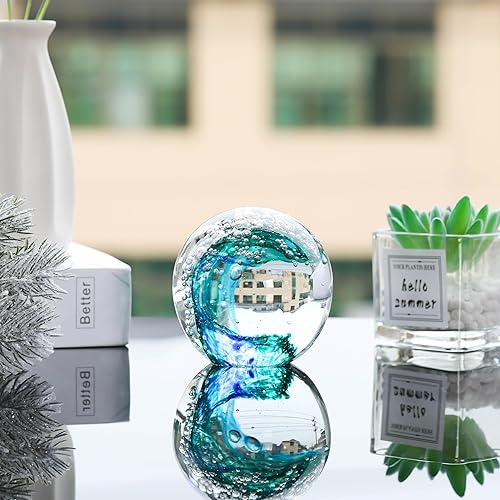 Miniatura 3 de Qianwei Bola de cristal soplada a mano con ondas oceánicas  Estatuillas coleccionables de vidrio Spere  Pelota de vidrio pisapapeles Decoración de