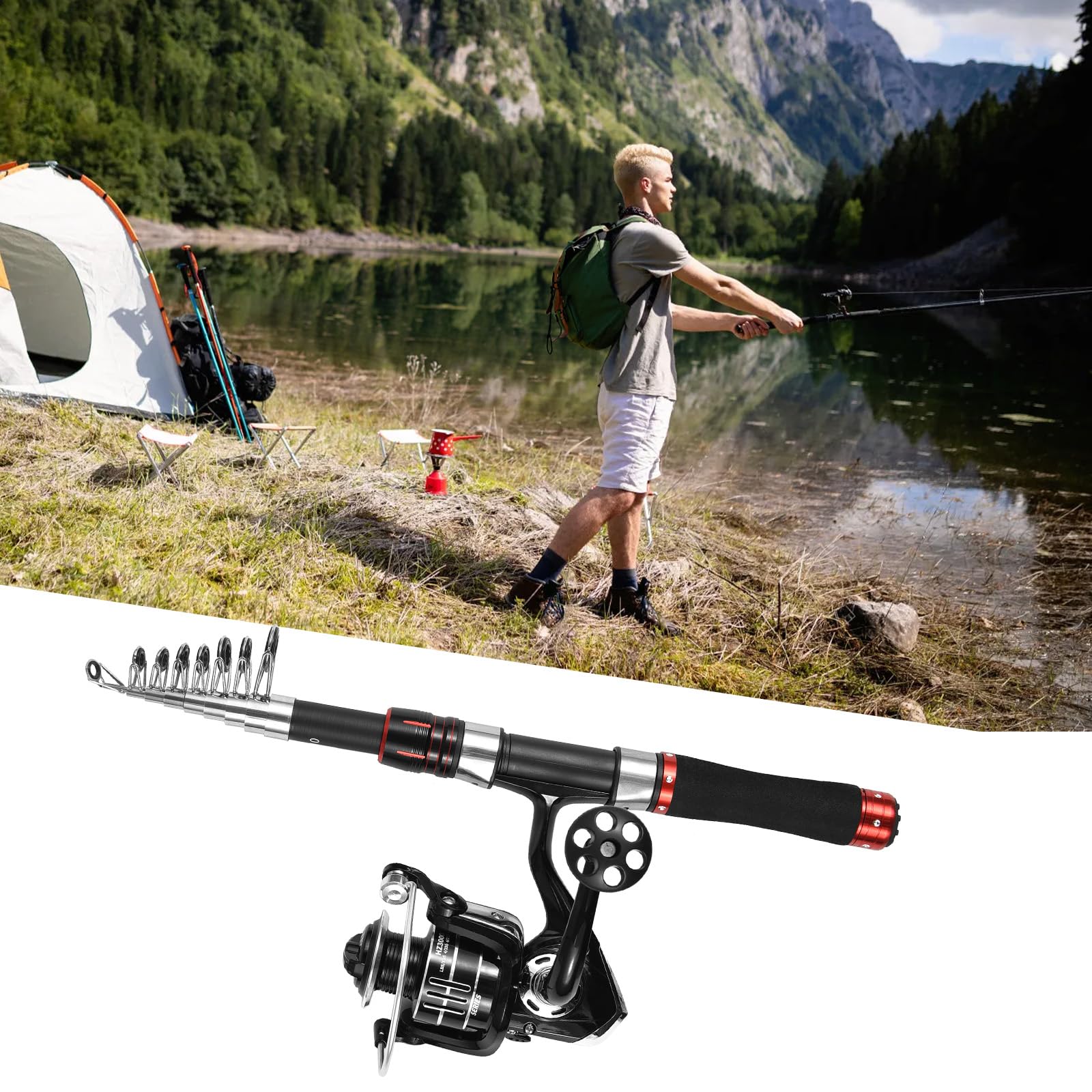 Canna da pesca telescopica e mulinello combinati, kit portatile pieghevole per canna da pesca da viaggio per uso in acqua dolce e salata con bobina inclinata liscia e forcellone