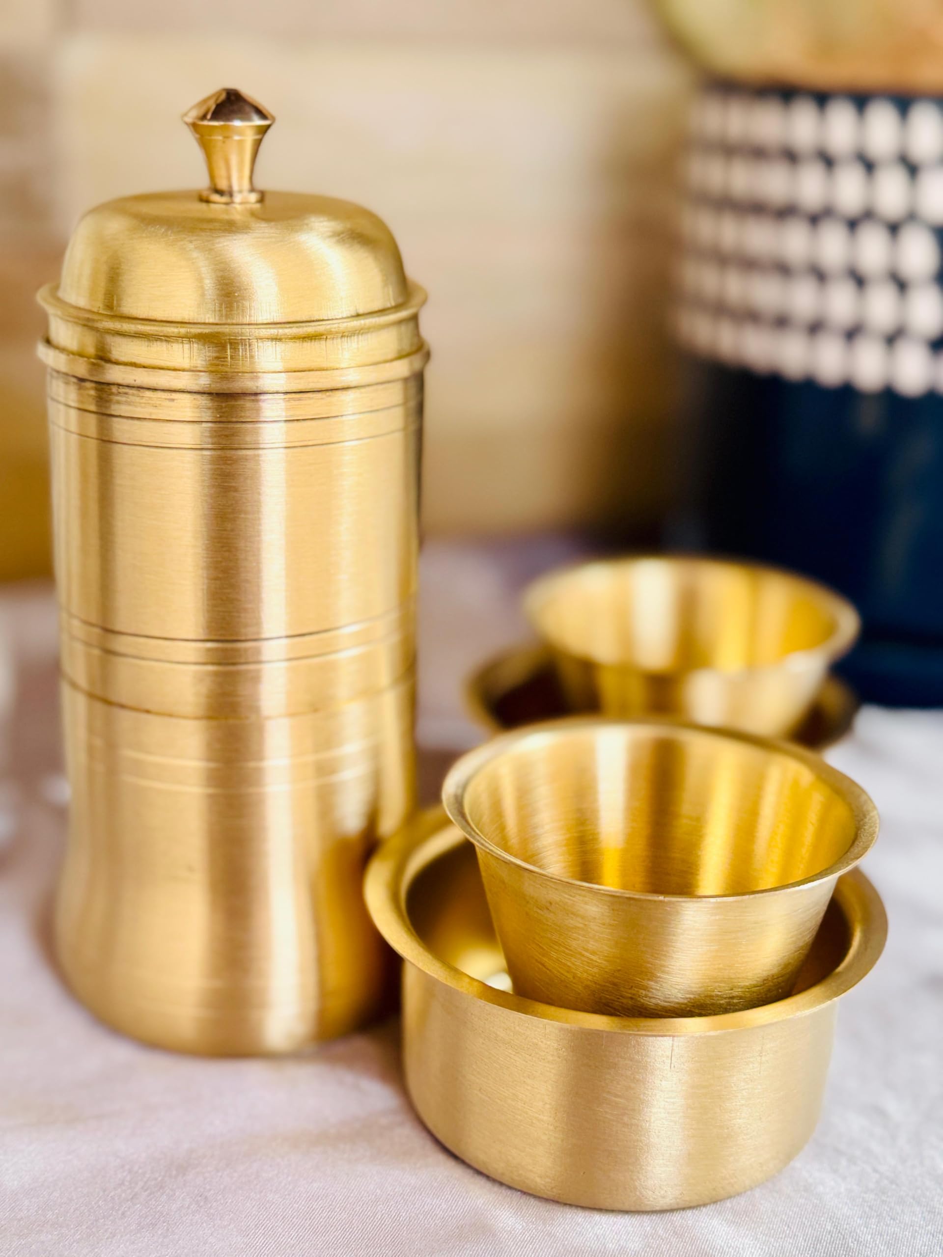 Nayi Naveli Brass Coffee Filter and Dabara Set Traditional South Indian Style Handcrafted Metal Coffee Brewing and Serving Set Reusable Kitchen Drinkware with Cup and Tumbler | 471 gm - Gold