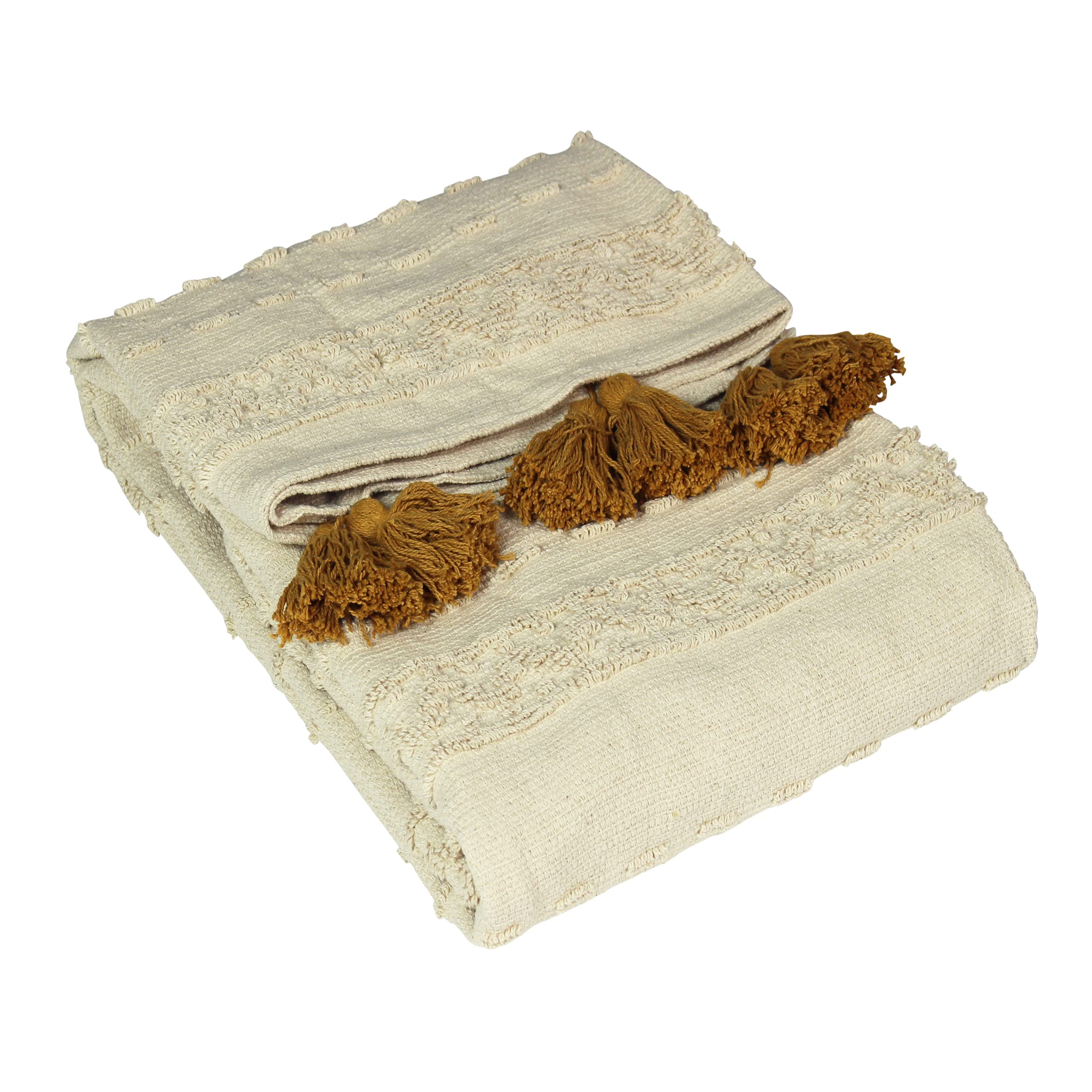 furn. Boho Cotton Tufted Throw – Geometric Pom-Pom Tassel Accent (Ochre – 130x180cm)