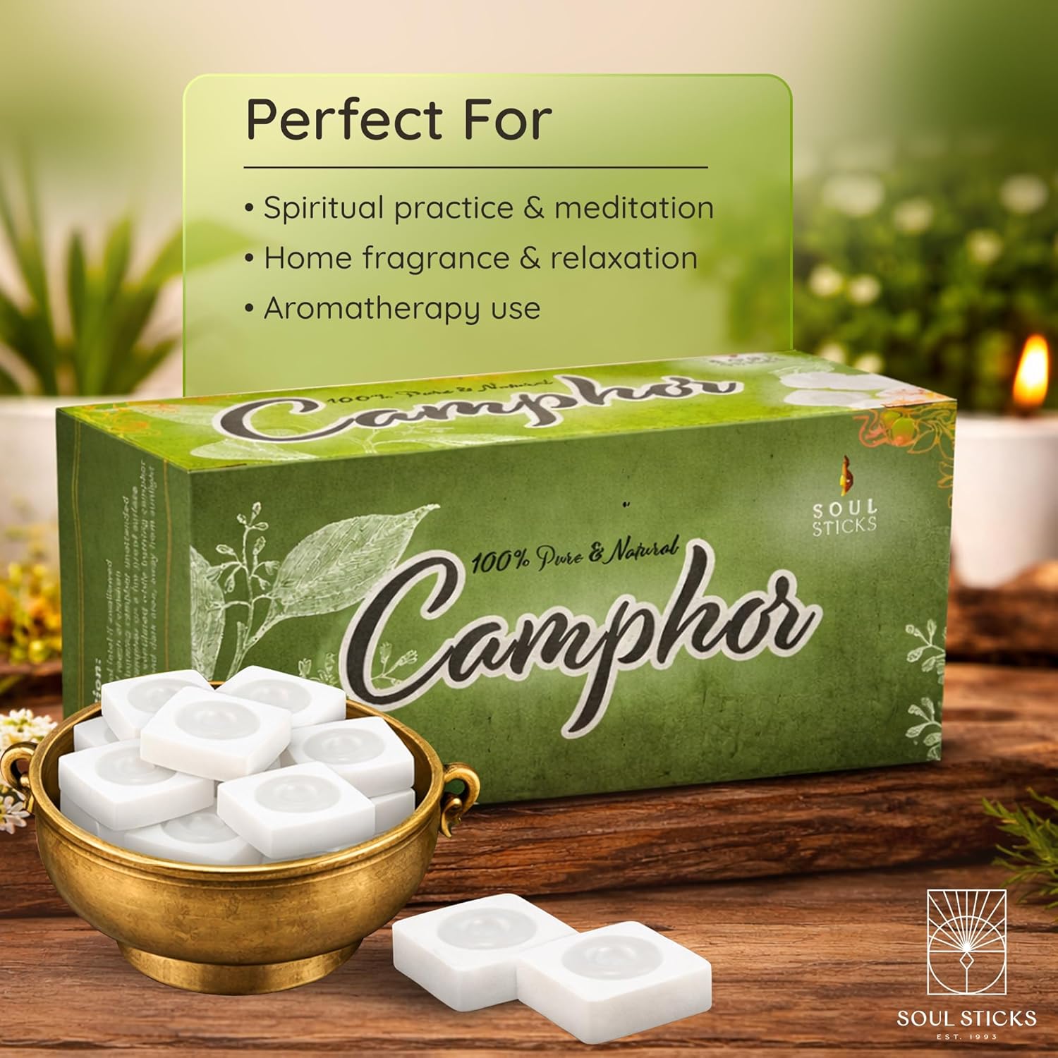 SOUL STICKS Natural Camphor Blocks,Pure Camphor Tablets for Aromatherapy & Puja - Alcanfor en Bloques, Alcanfor en Bolitas, Kapoor for Pooja (300 Grams (64 Tablets))