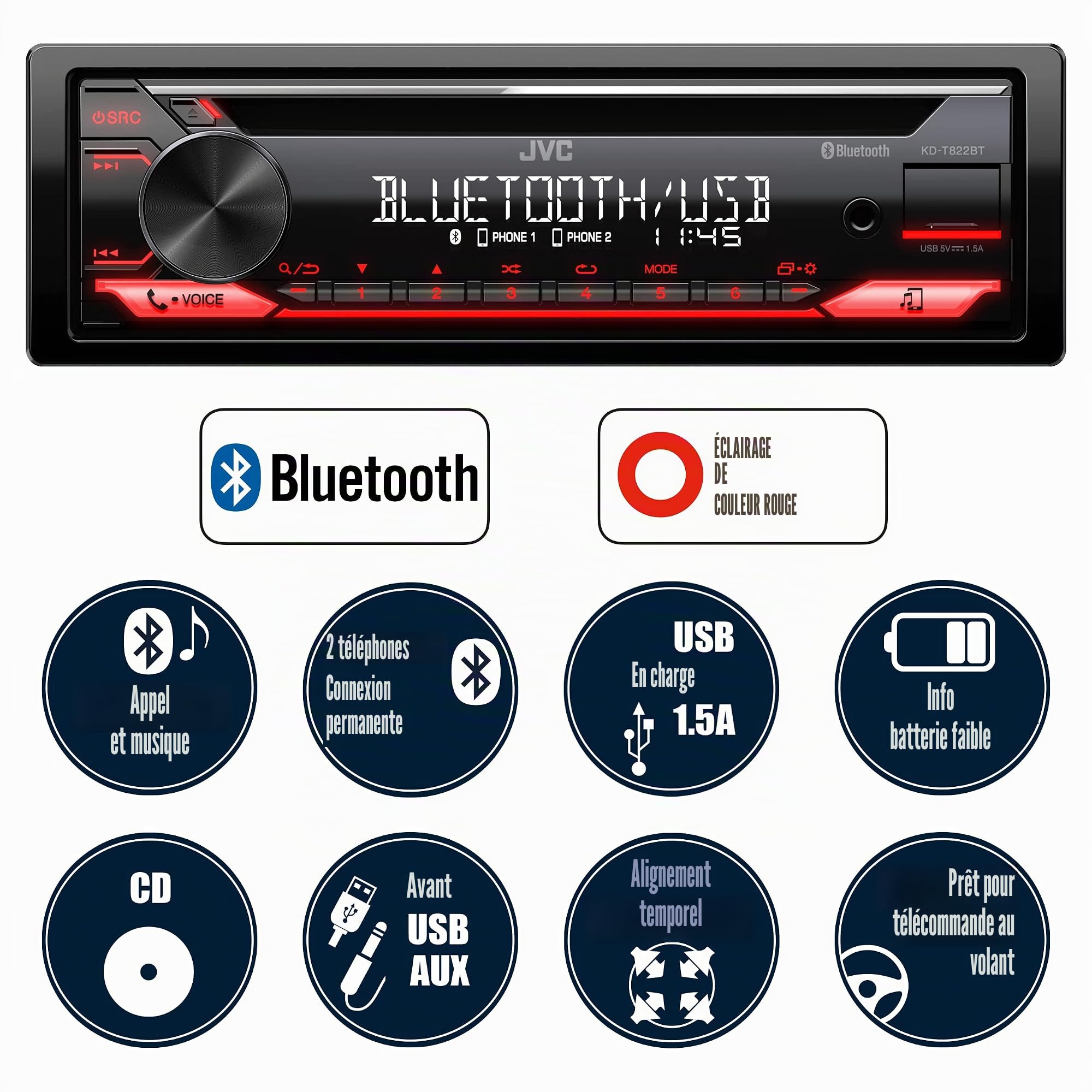 JVC Récepteur CD KD-T822BT avec appels Mains Libres Bluetooth et Diffusion de Musique sans Fil