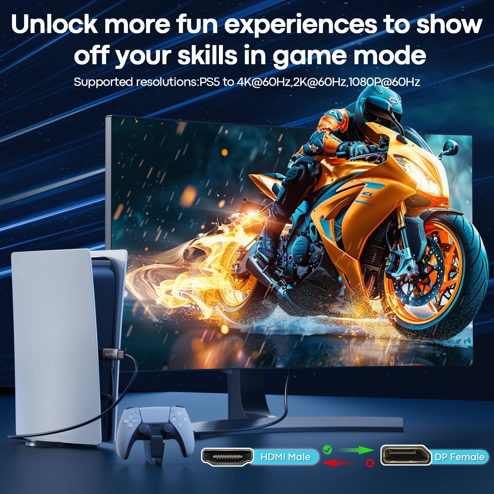 Adaptateur HDMI vers DisplayPort (4K60Hz) Source HDMI vers port d'affichage convertisseur Displayport 1.2 femelle vers HDMI 2.0 mâle compatible avec ordinateur portable, AMD, NVIDIA, PS5, Xbox
