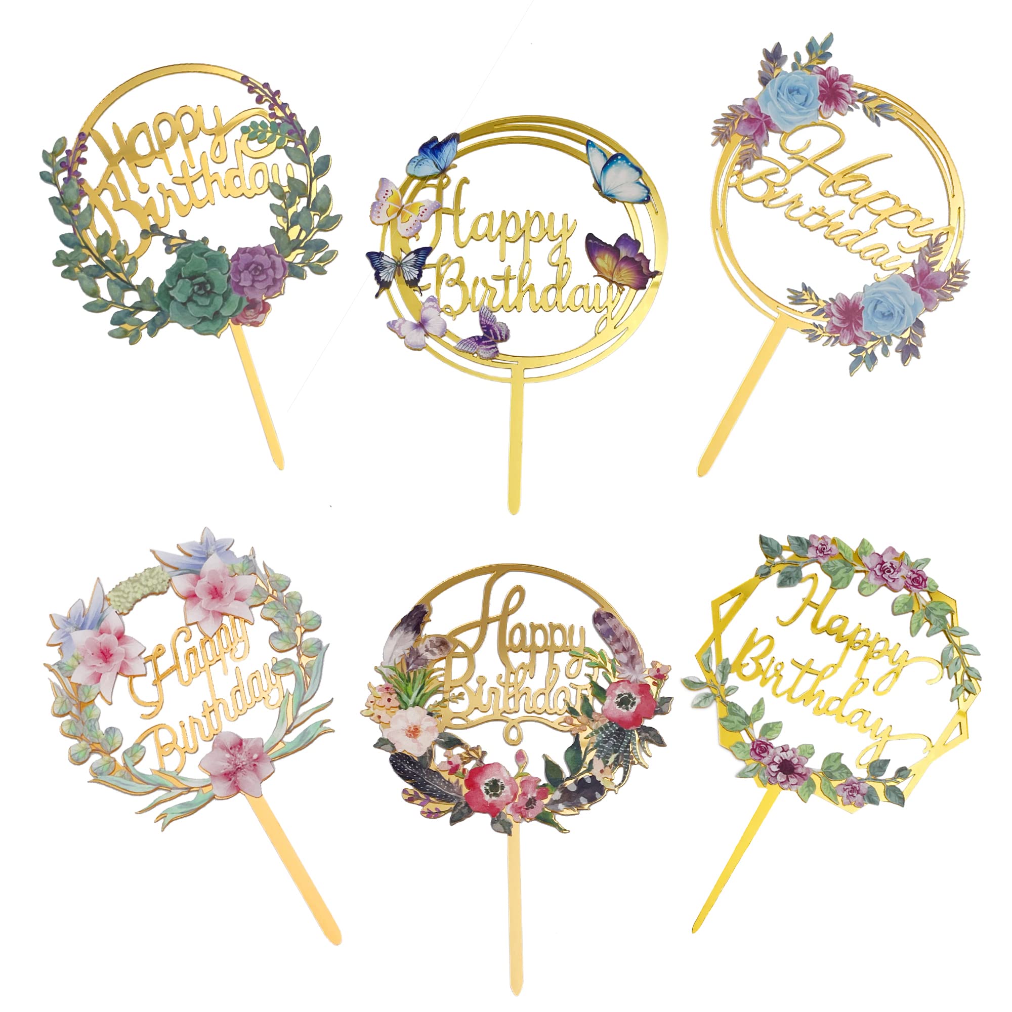 Buy Zilphoba 12pcs Happy Birthday Cake Toppers, Flower Acrylic Gold