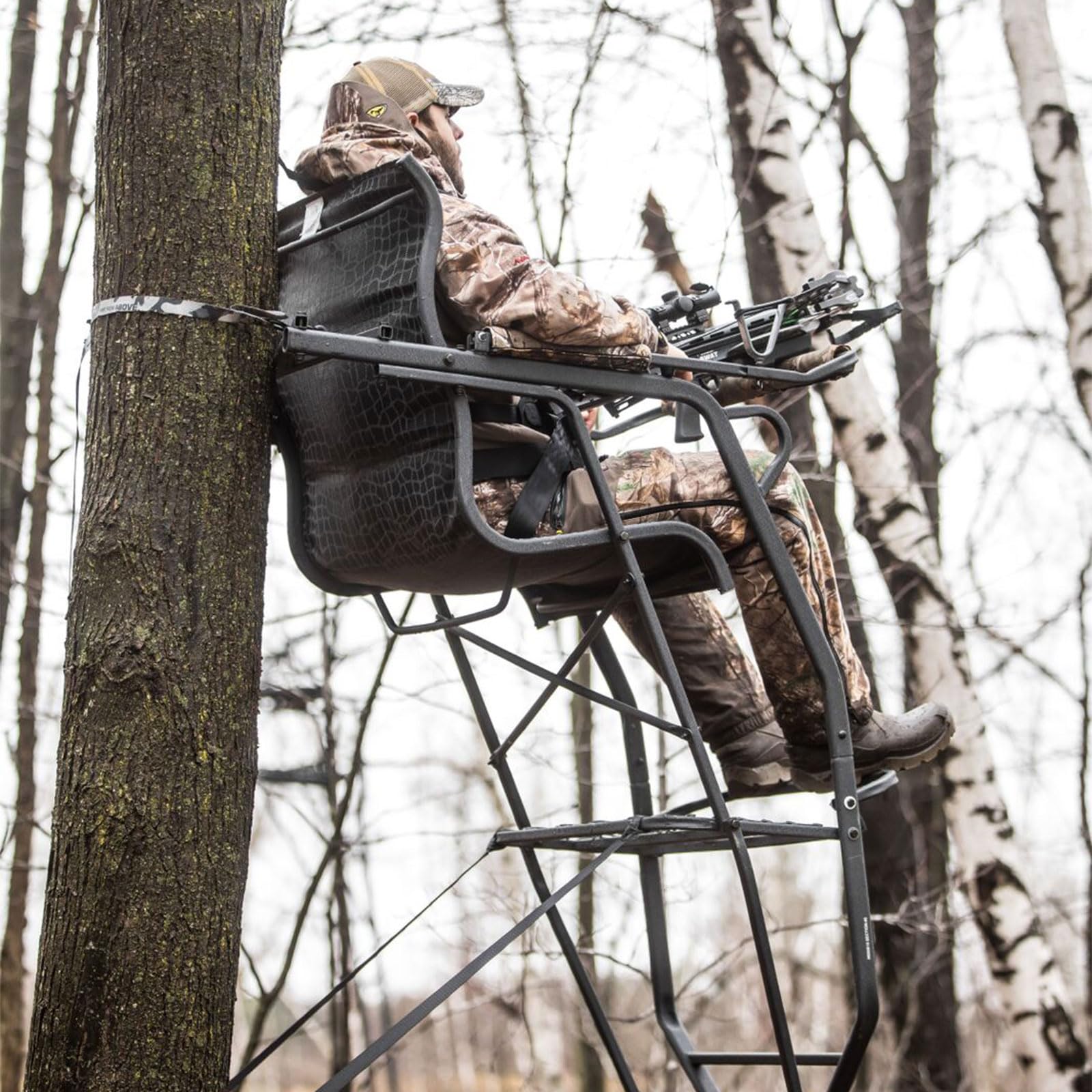Hawk 20' Big Denali 1.5-Man SLS Ladder Stand | Durable Hunting Archery Steel 1 Person Tree Stand with Chair, Bow/Gun Holder, Footrest, Flip Back Shooting Rail & Noise Free Ladder