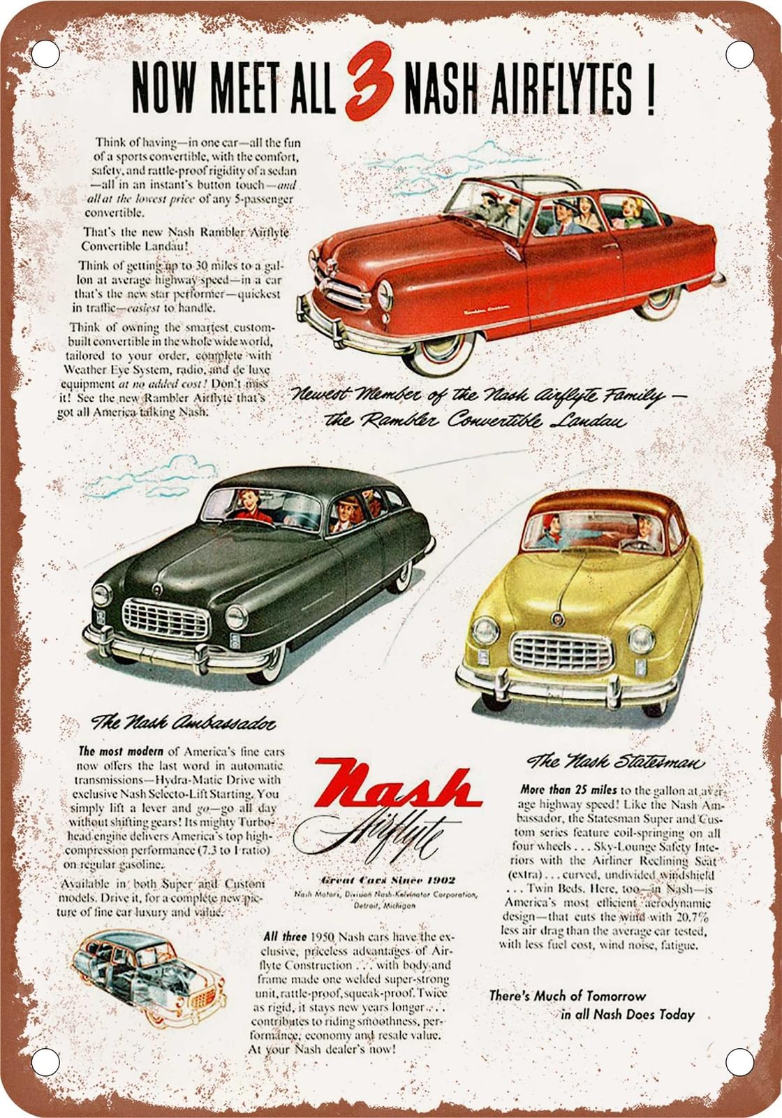 Miaomansenstore Metal Sign - 1950 Nash Vintage Ad 05 - Old Retro Rusty Look Home Decor
