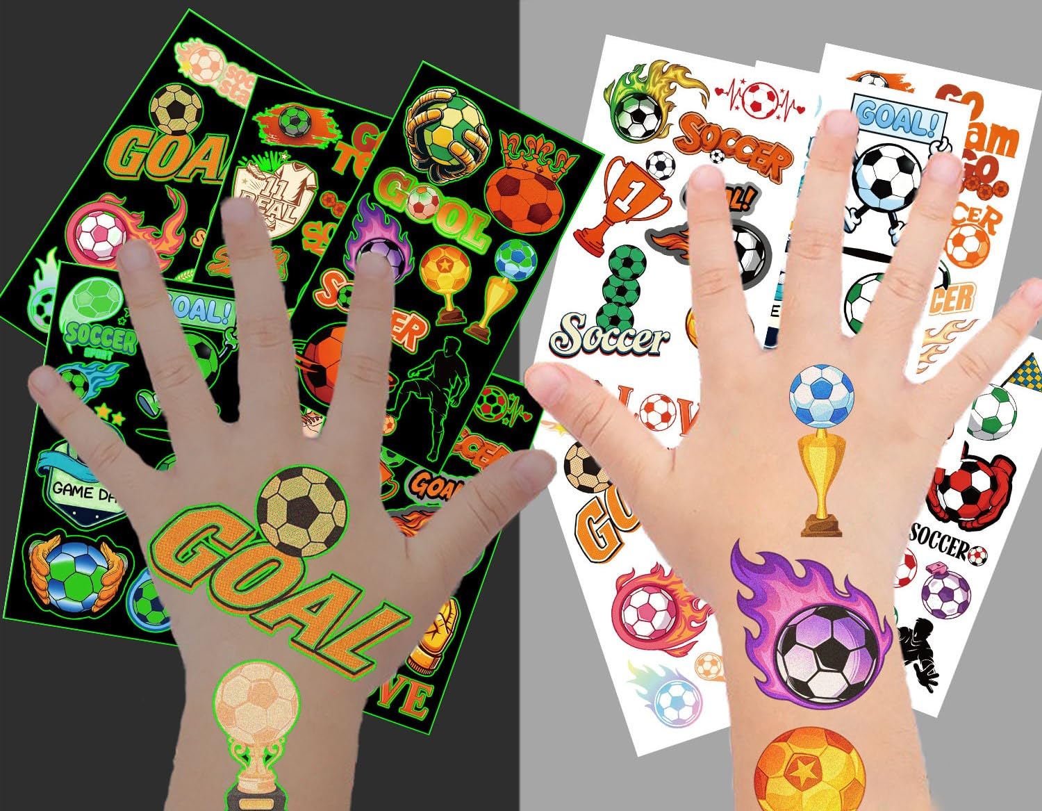 EvanMader 10 Blätter Leuchtende Fußball Temporäre Tattoos | Leuchten im Dunkeln, Tattoo Aufkleber 12 cm x 6,8 cm mit Fußball-Motiven, Texten, Figuren & Pokalen