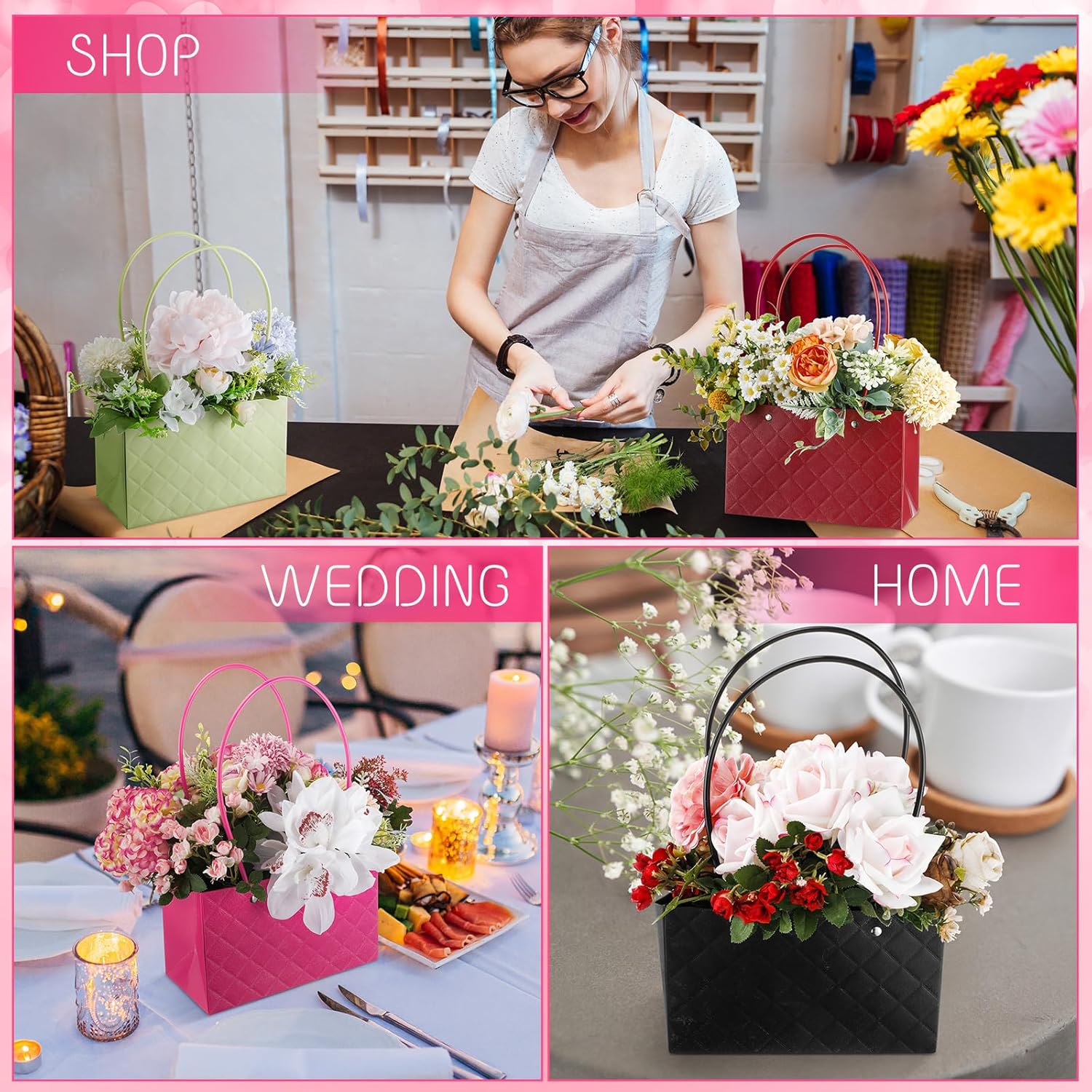 TaoBary 54 Pcs Mother's Day Flower Gift Bags Portable Bouquet Wrapping Paper Bag with Handle Waterproof Flower Boxes for Florist Wedding Arrangement Anniversary Birthday Bridal Shower Christmas