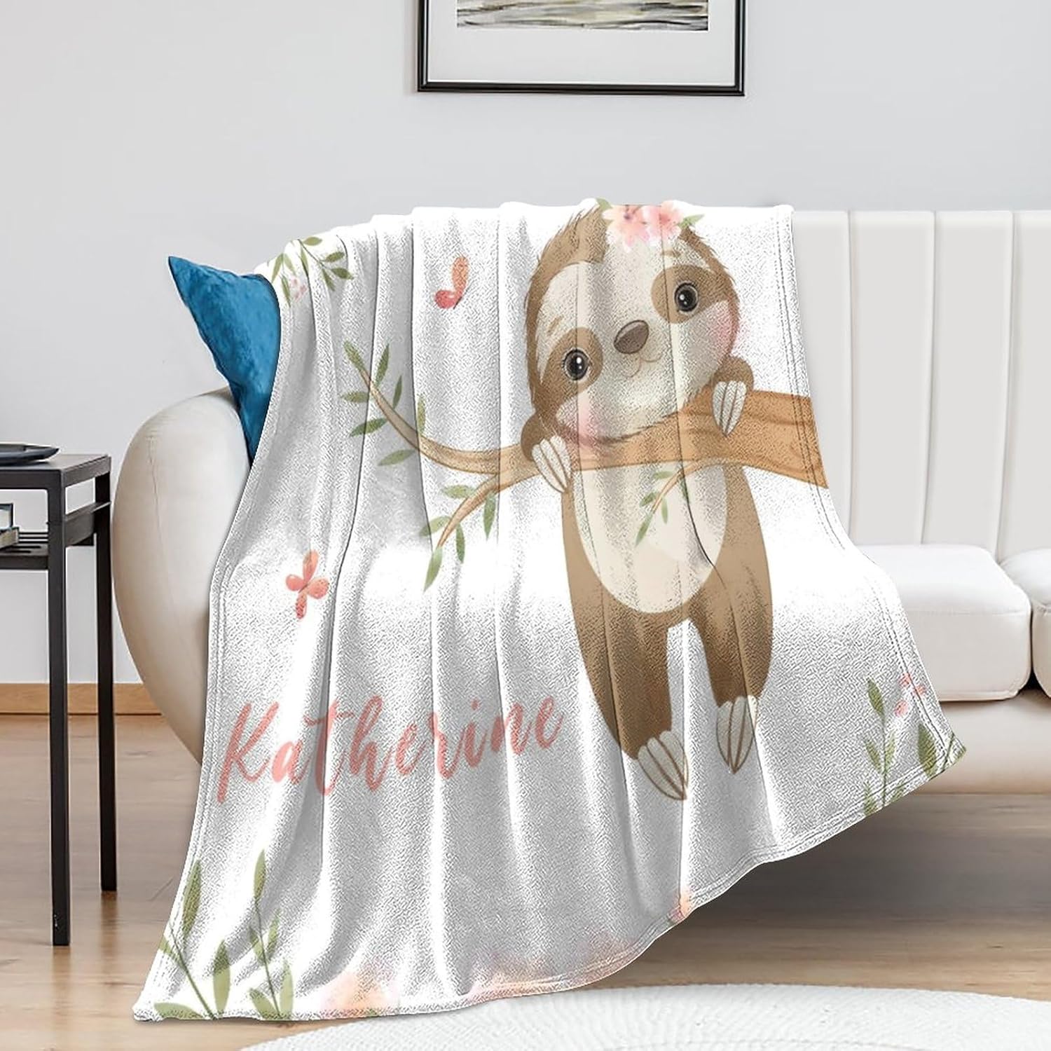 Personalized Baby Blanket for Girls, Custom Baby Throw Blanket with Name for Infant Newborn Toddler Kids, Customized Name Sloth Print Receiving Swaddle Blanket, Gifts for Baby Shower Birthday 40"x50"
