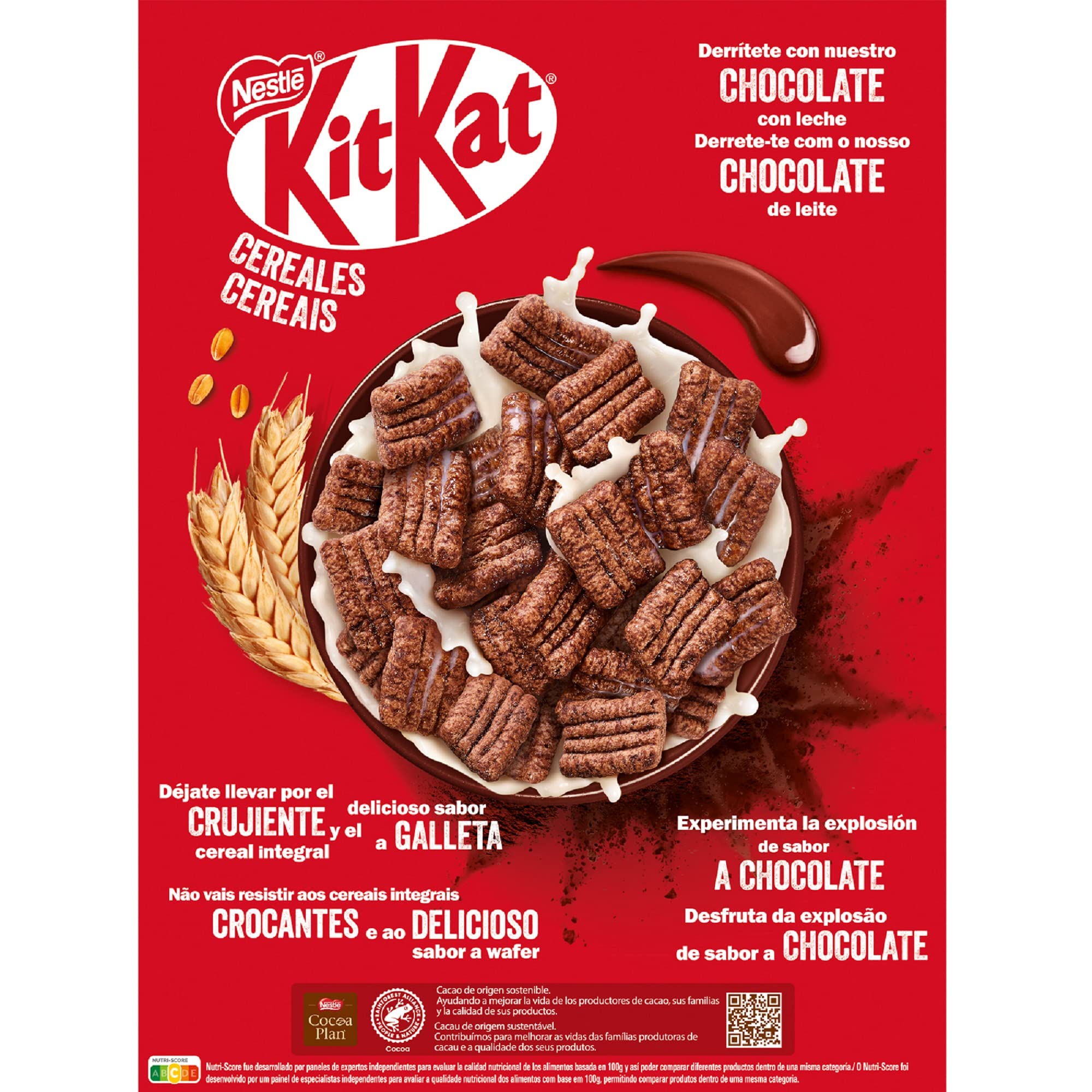 Cereales Nestlé KitKat Cereales, Cereales de Trigo Integral y Maíz Recubiertos con Chocolate con Leche, 7 Paquetes de 330 g