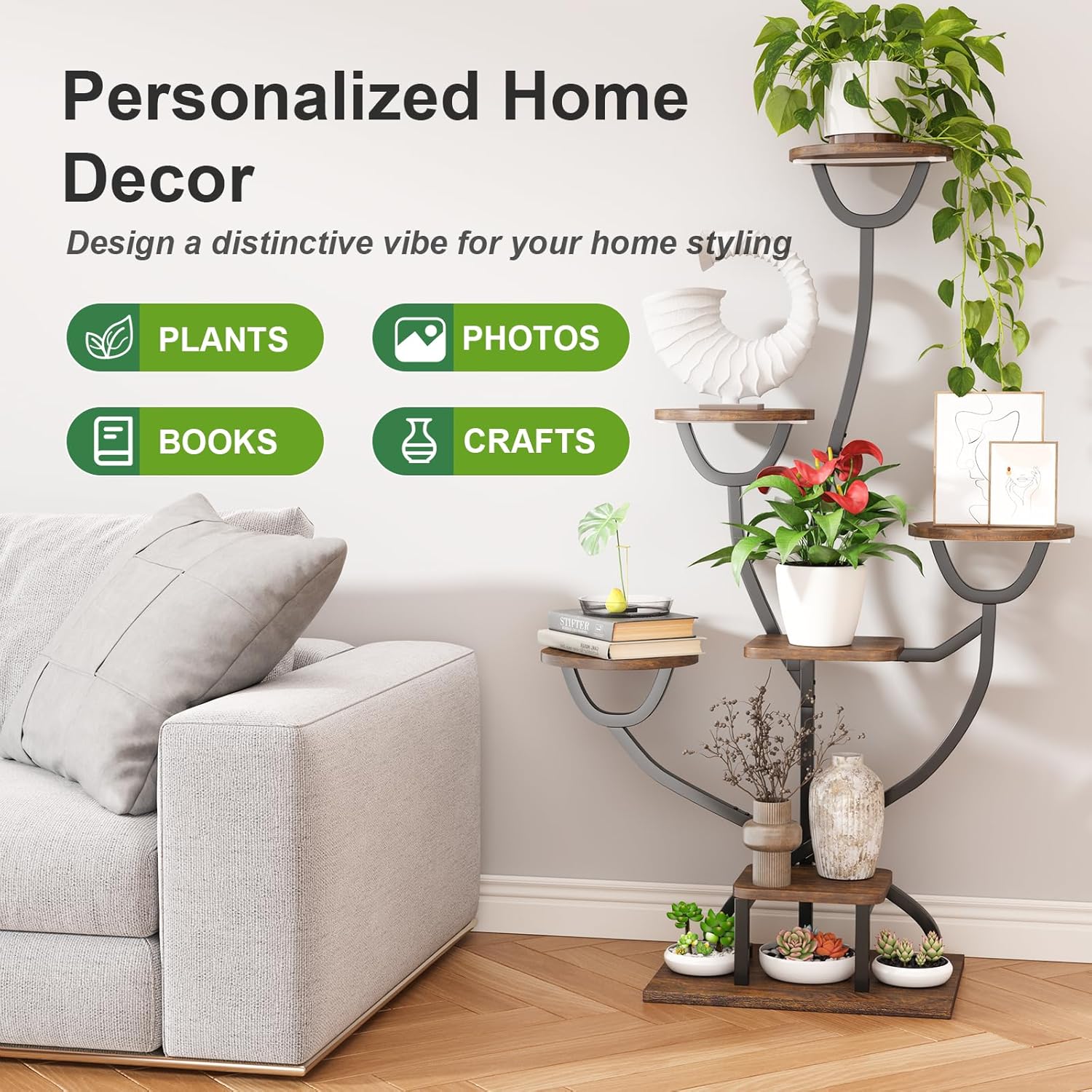 Plant Stand Indoor with Grow Lights - 44.2" Tall Plant Shelf, Lighted Corner Plant Stands for Indoor Growing, 7 Tiered Metal & Wood Plant Holder Display Shelves for Living Room, Patent Design - C4