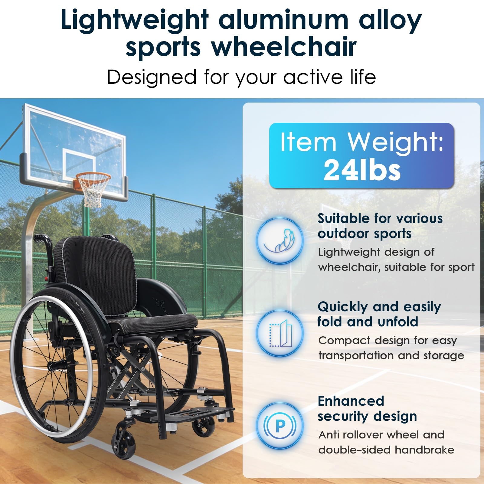 Silla de ruedas manual ligera, silla de ruedas deportiva ultraligera portátil todo terreno, silla de ruedas plegable, sillas de ruedas de transporte con antivuelco(B,40cm/15.7in)