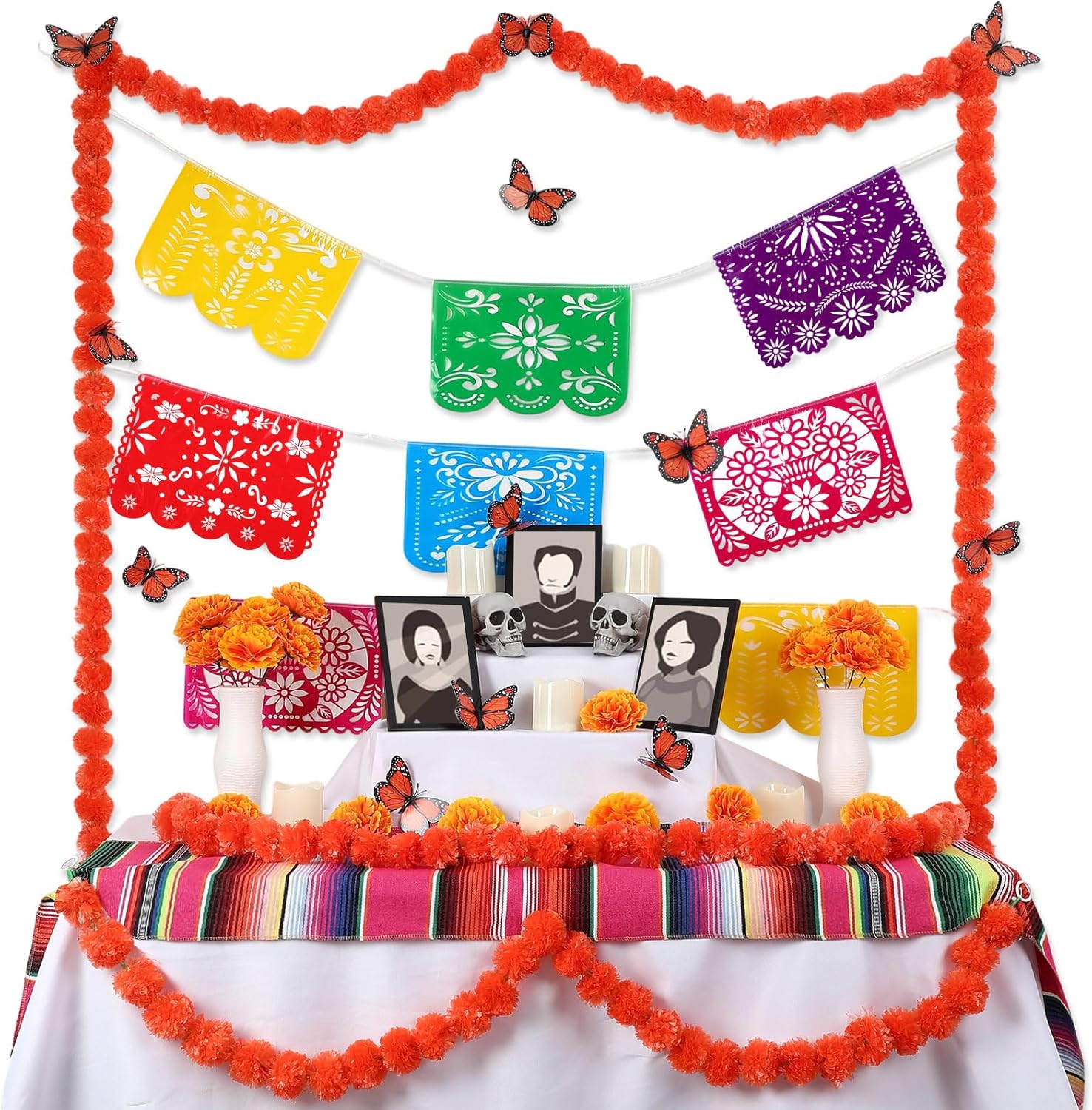 50 Pcs Dia De Los Muertos Ofrendas Altar Decorations, Day of the Dead Altar Decor Included Marigold Flower Garland Monarch Butterfly Skull Candle Frame Mexican Banner and Tablecloth
