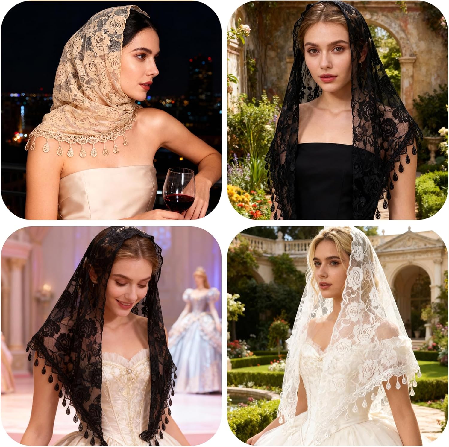 3 Pack Mass Veil for Women, 55x19In Mantilla Catholic Veil Triangle Lace Tulle Scarf Floral Head Wrap Church Headband for Bridal Bridesmaid Weeding Party, 3Colors - Image 2