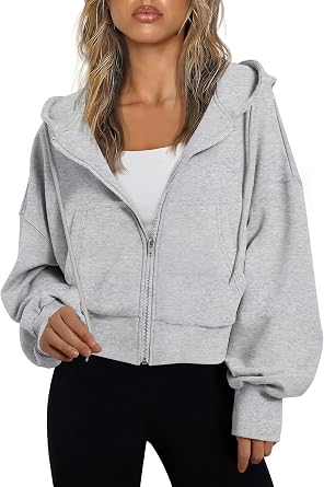 Jhsnjnr Womens Zip Up Hoodie Drawstring Long Sleeve Sweatshirt with Pockets Lightweight Hooded Cropped Jackets