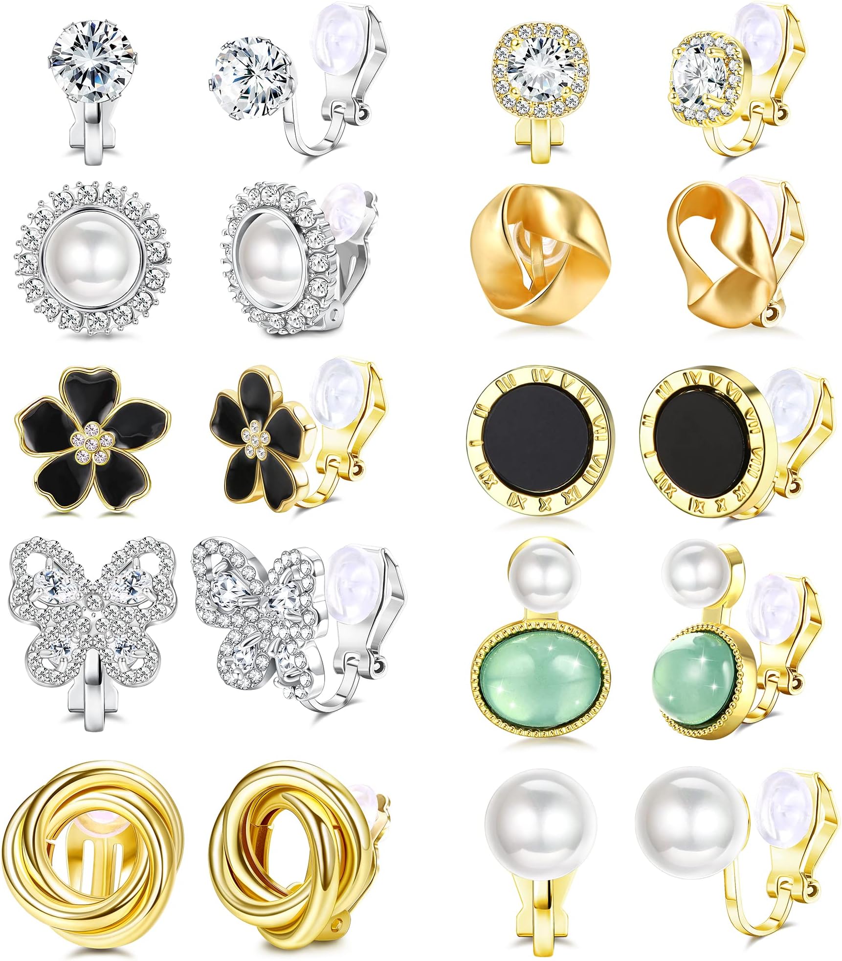 JeweBella10 Pairs Clip on Earrings for Women Girl Flower Freshwater Pearl Twist Knot Butterfly Hypoallergenic Non Pierced Clip Earrings Jewelry