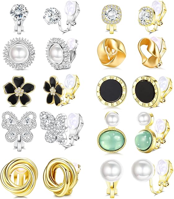 JeweBella 10 Pairs Clip on Earrings for Women Girl Flower Freshwater Pearl Twist Knot Butterfly Hypoallergenic Non Pierced Clip Earrings Jewelry