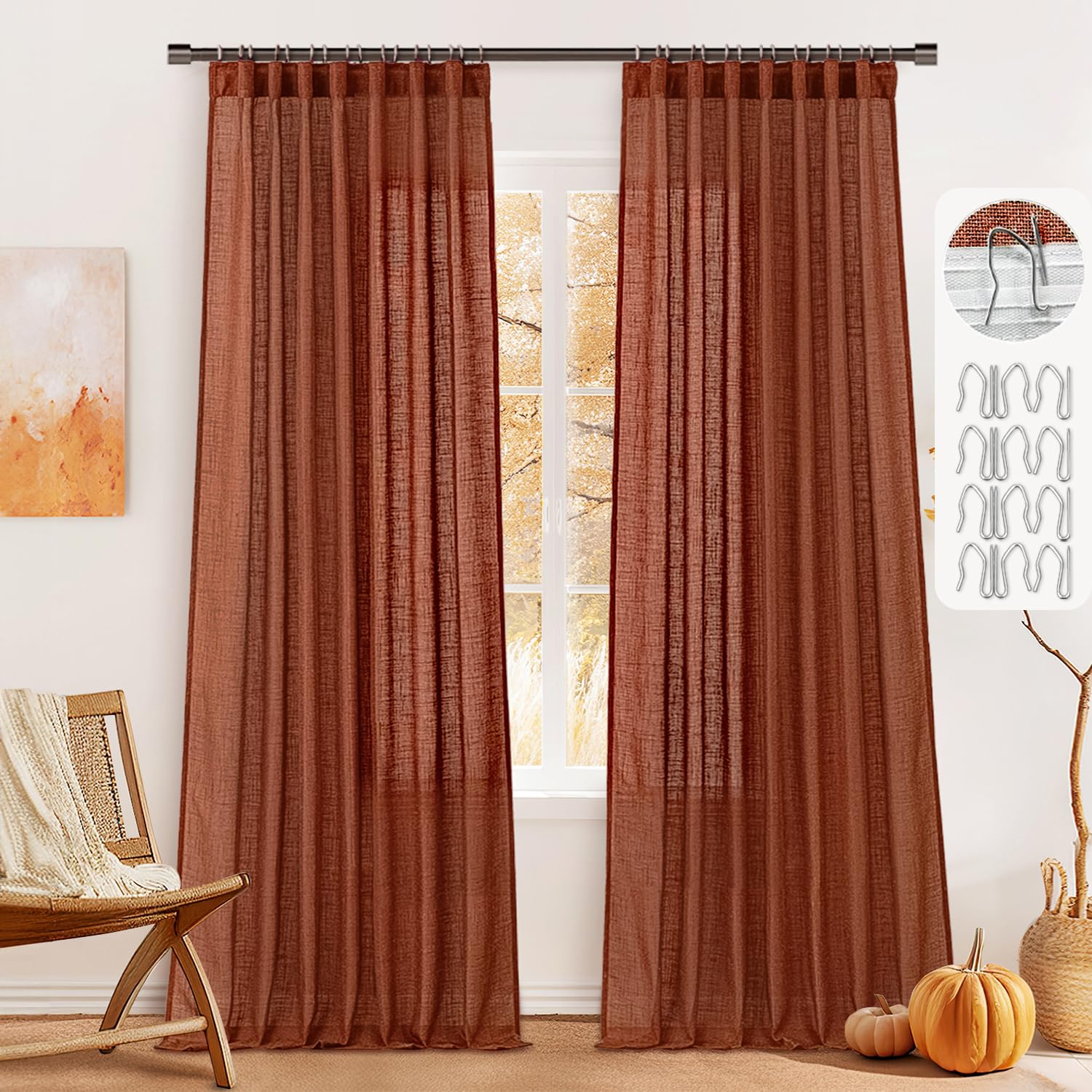 MIULEE Burnt Orange Linen Curtains 84 Inches Long 2 Panels for Bedroom Living Room, Pleat Tape with Hooks Soft Linen Textured Window Drapes Semi Sheer
