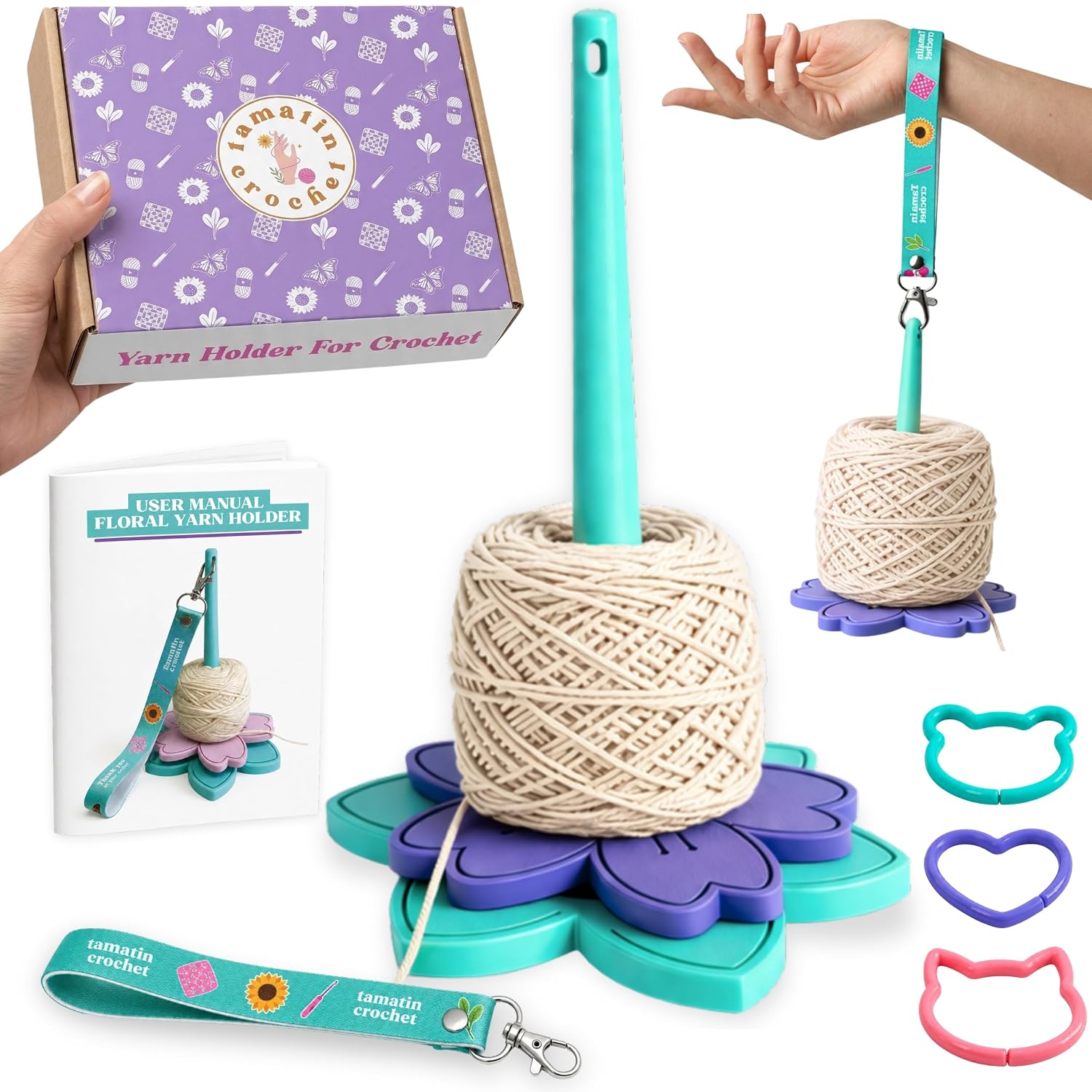 Yarn Holder for Crocheting - 2-in-1 Portable Wrist Holder with Non-Slip Base - Detachable Crochet Knitting Accessory, Stitch Markers Included (Purple)