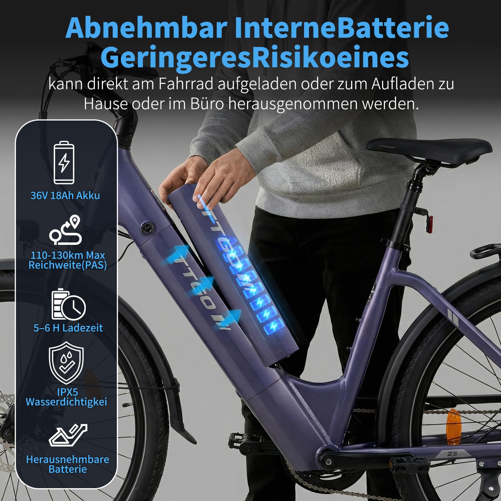 ttgo Bicicletta elettrica per adulti, 27,5 pollici con motore da 250 W, batteria sostituibile da 36 V 18 Ah, portata 25 km/h, display LCD da 100 – 130 km, telaio in alluminio per bicicletta elettrica
