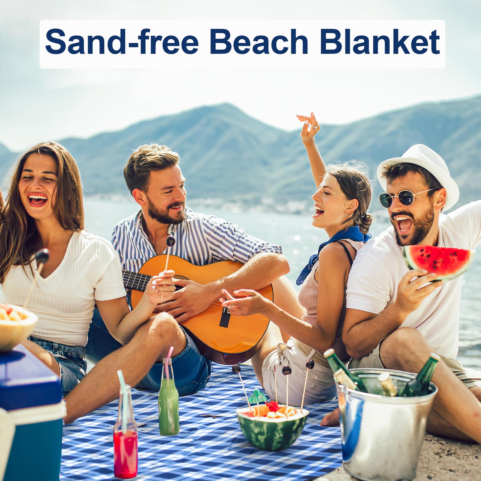 HUTHIM Coperta da Picnic 300 x 300 cm, Impermeabile, Senza Sabbia per Esterni, Lavabile XXL Pieghevole con Tracolla Ideale per Parco Spiaggia (Griglia Blu e Bianco)
