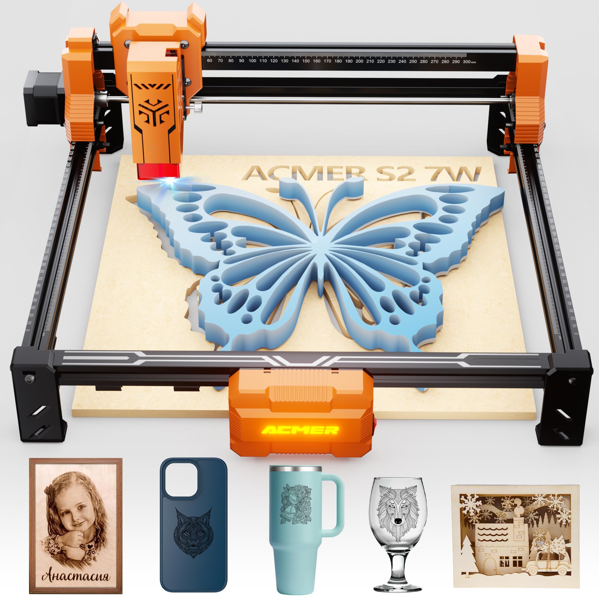 Laser Engraver, ACMER S2 7W(7000mW) Laser Cutter Machine, 48W Output, 0.01mm Precision, 300x300mm Area, 10000mm/min Speed, for Wood, Metal, Leather, Acrylic, DIY & EducationCarbonfree CertifiedClimeCo Certified
