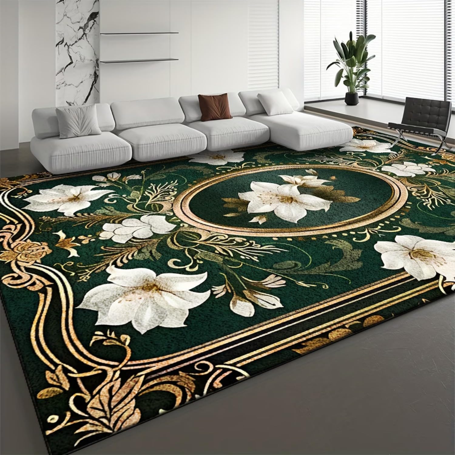 USHIRUG Bohemian Floral Area Rug,180x300cm Vintage Green Area Rug, Washable, Non-Slip, Large-Area Indoor Rugs, Rustic White Floral Print Carpet Mat for Living Room, Dining Room, Kitchen, Bathroom
