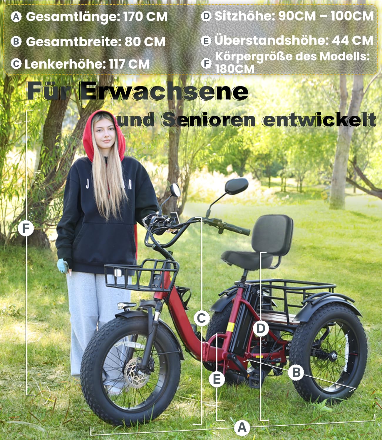 KAKIGO Elektro-Dreirad Für Erwachsene,Fat Tires Elektro-Dreirad,250W Motor,95 Nm,48V 18/10.4Ah Akku,20 Km/h, Vorder-&Hinterkorb,Differenzial,90/50Km Reichweite,Differential