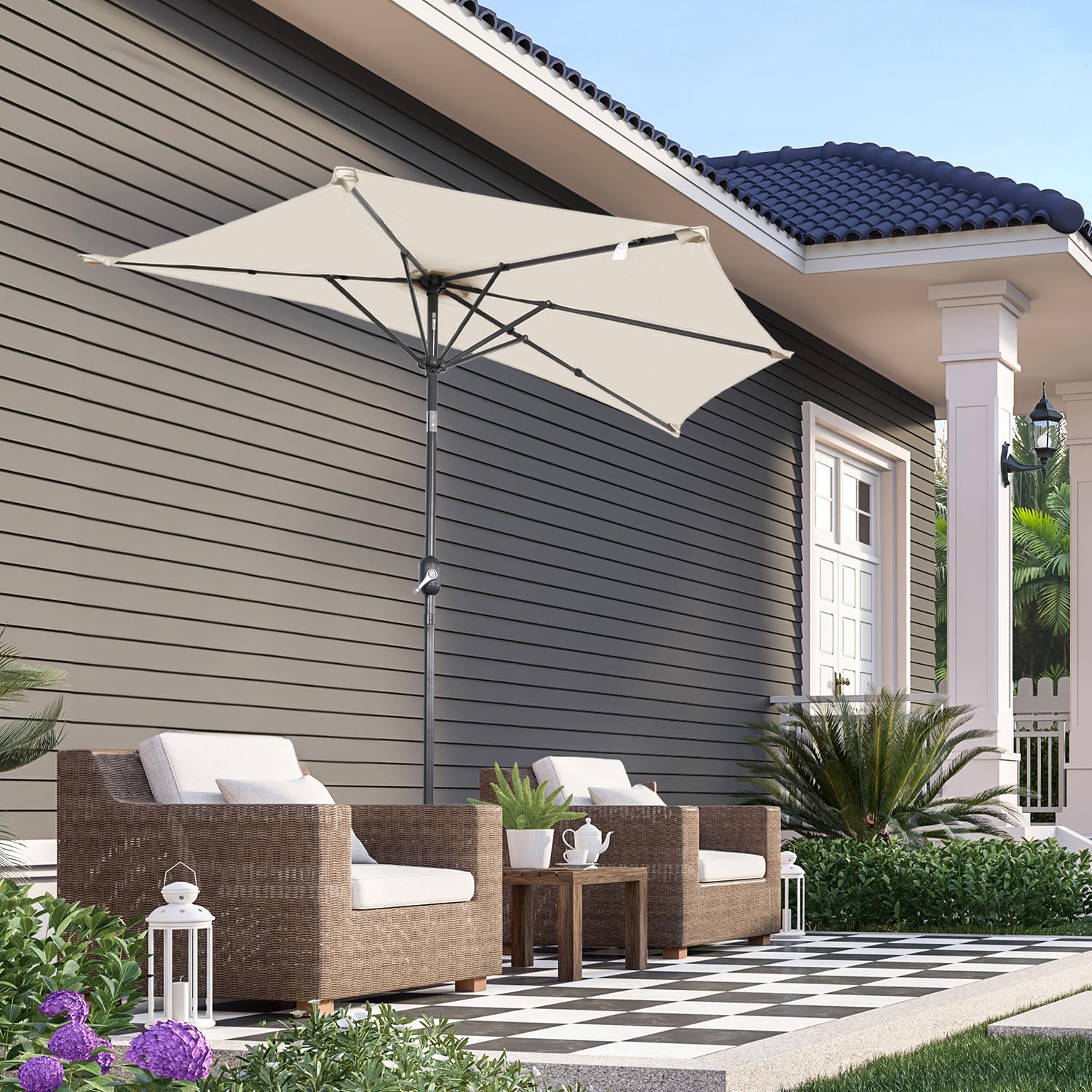 Angel Living Half Circular Parasol, Sombrilla Semicircular 250cm de Acero, Mástil Central de Acero de 38 mm, Para Jardín Patio Balcón